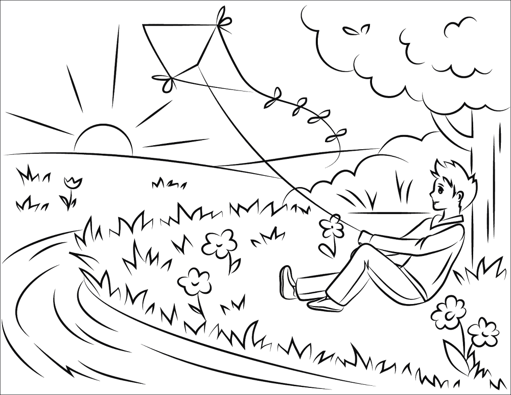 Boy Flying Kite At Sunset Coloring Page Md Coloring Page — Free Printable — free printable coloring page