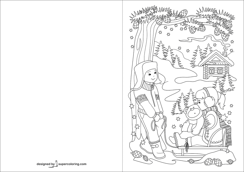 Children Playing Outdoors In Winter Card Coloring Page Md Coloring Page — Free Printable — free printable coloring page
