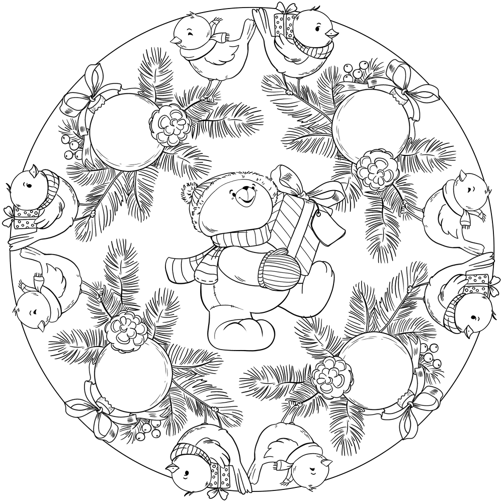 New Year Mandala With Birds Christmas Ornament And Teddy Bear Holding A Present Coloring Page Md Coloring Page — Free Printable — free printable coloring page