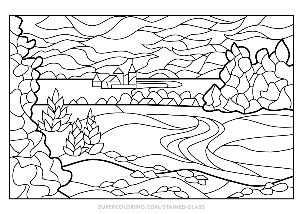 Summer Landscape Stained Glass Coloring Page Md Coloring Page — Free Printable — free printable coloring page