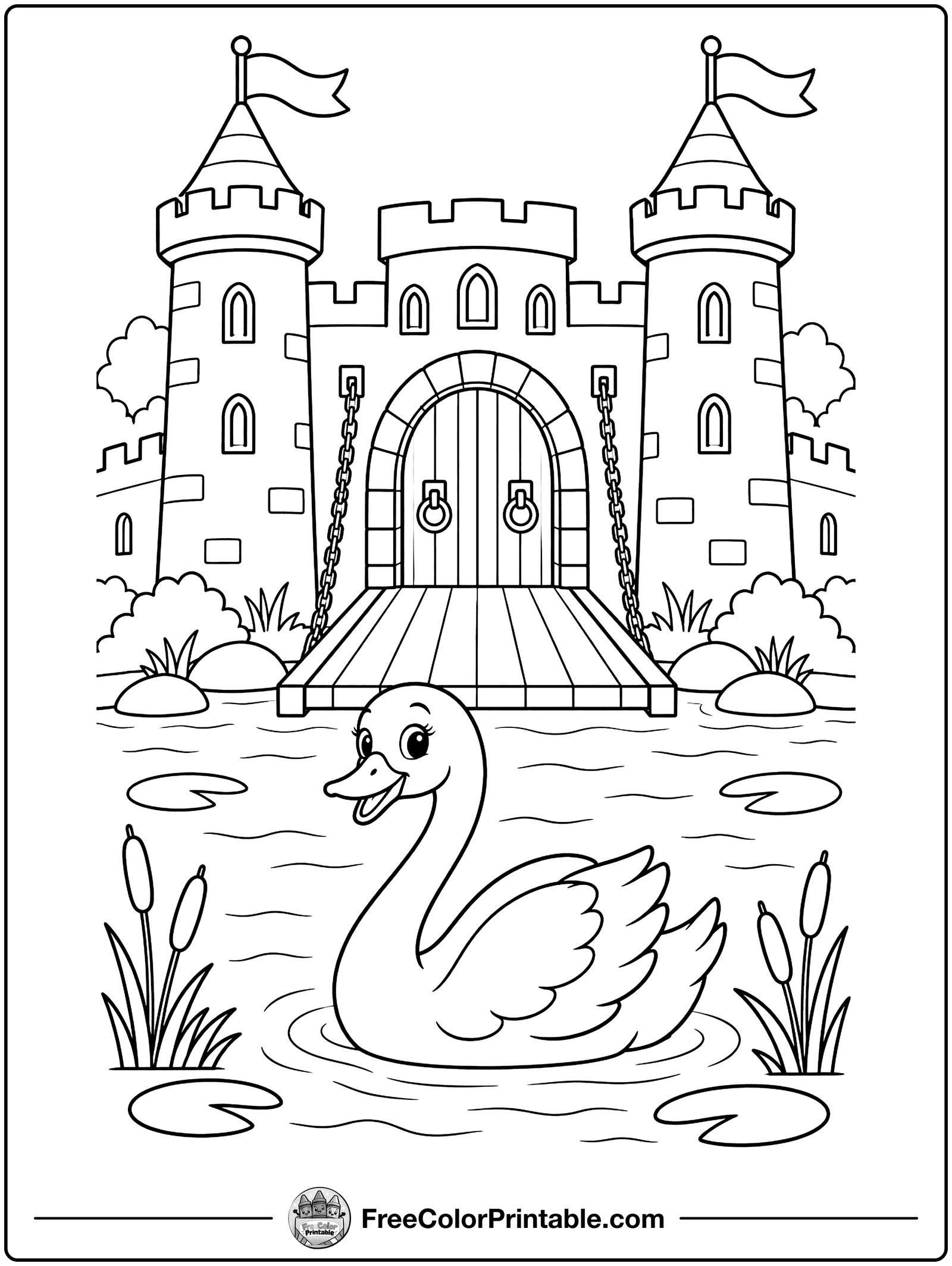 Castle Drawbridge and Moat Coloring Page — free color printable