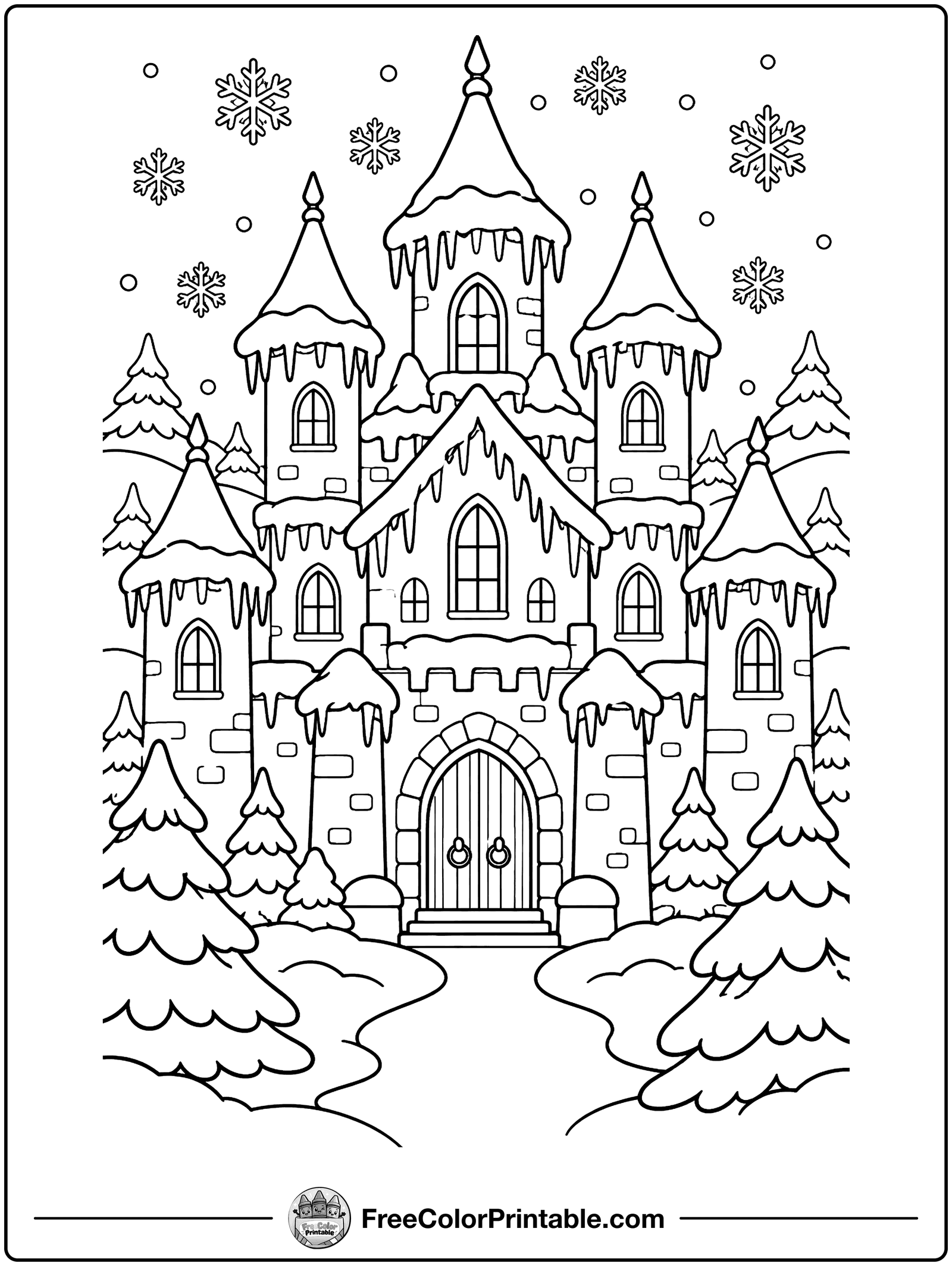 Castle in the Snow Coloring Page — free color printable