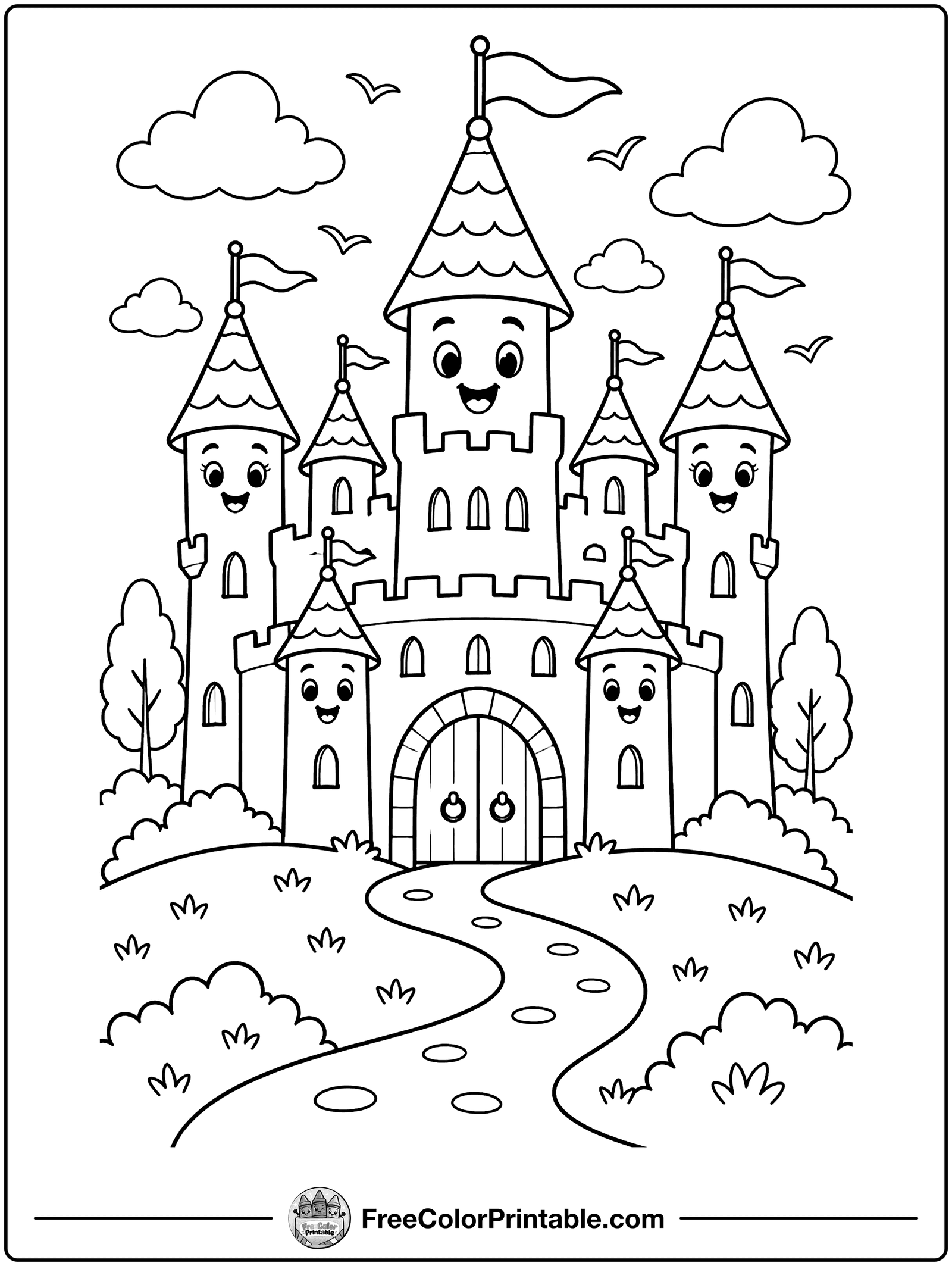 Castle on a Hill with Flags Coloring Page — free color printable