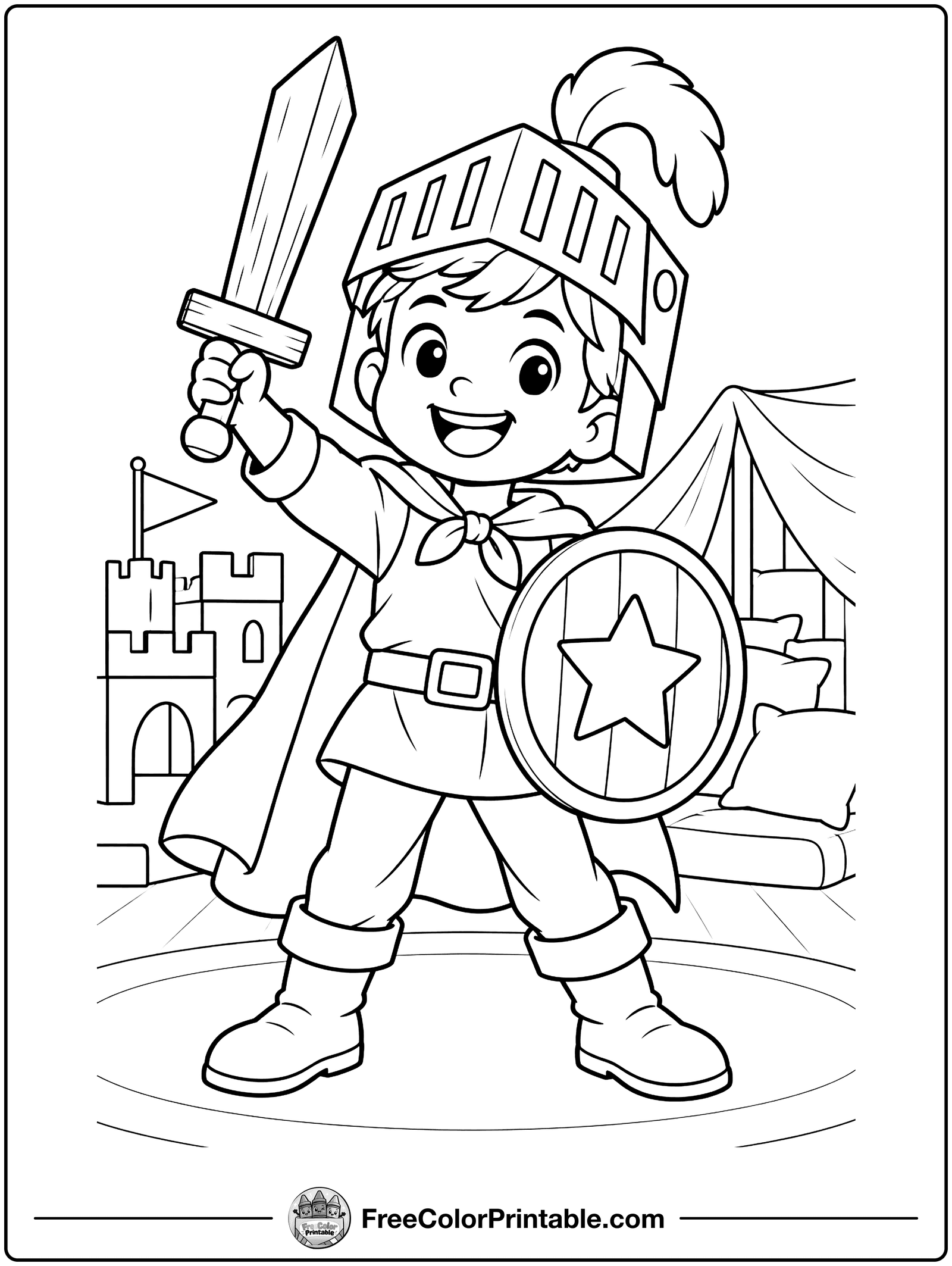Kid Knight with a Shield Coloring Page — free color printable