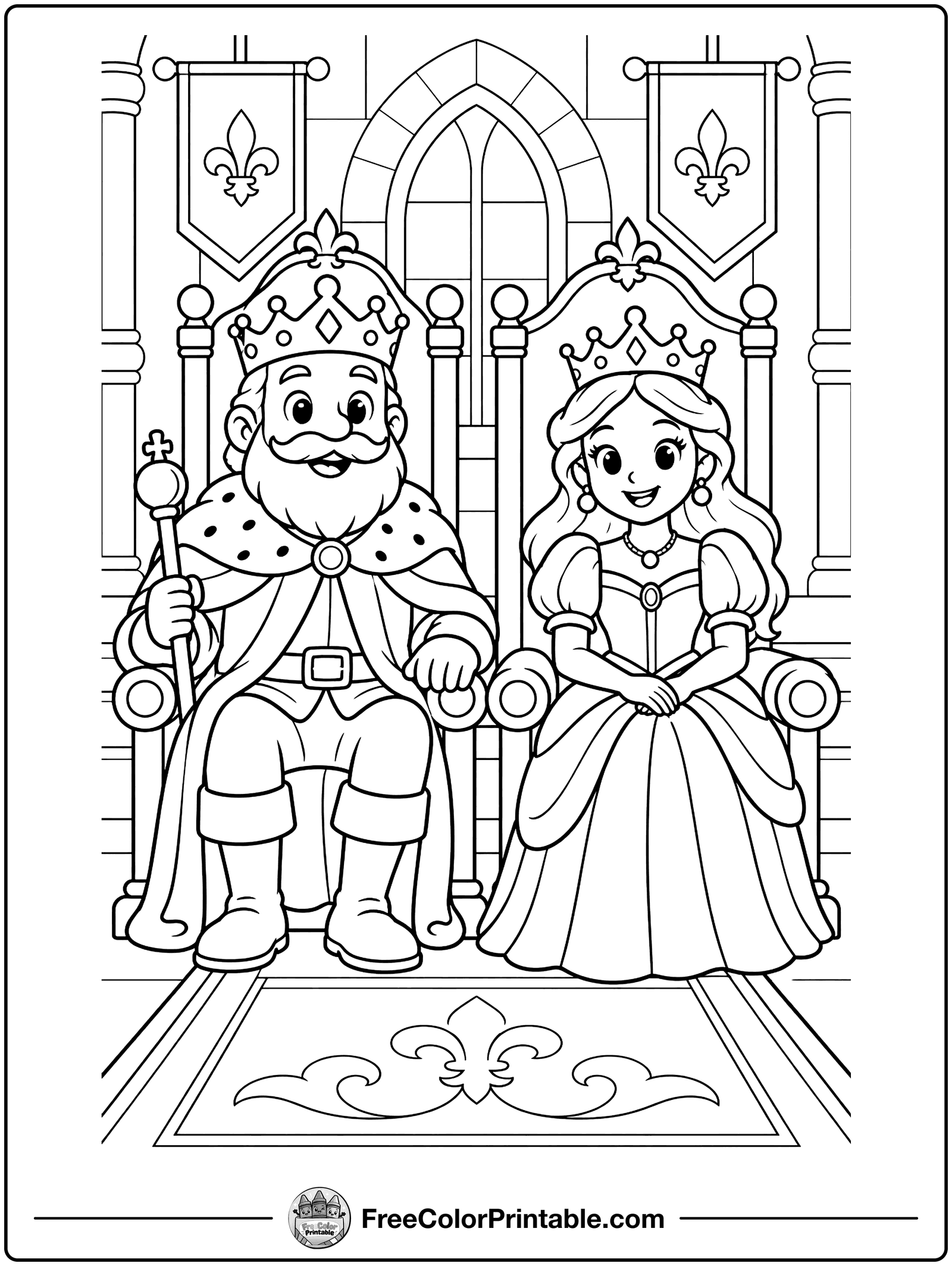 King and Queen on Their Thrones Coloring Page — free color printable