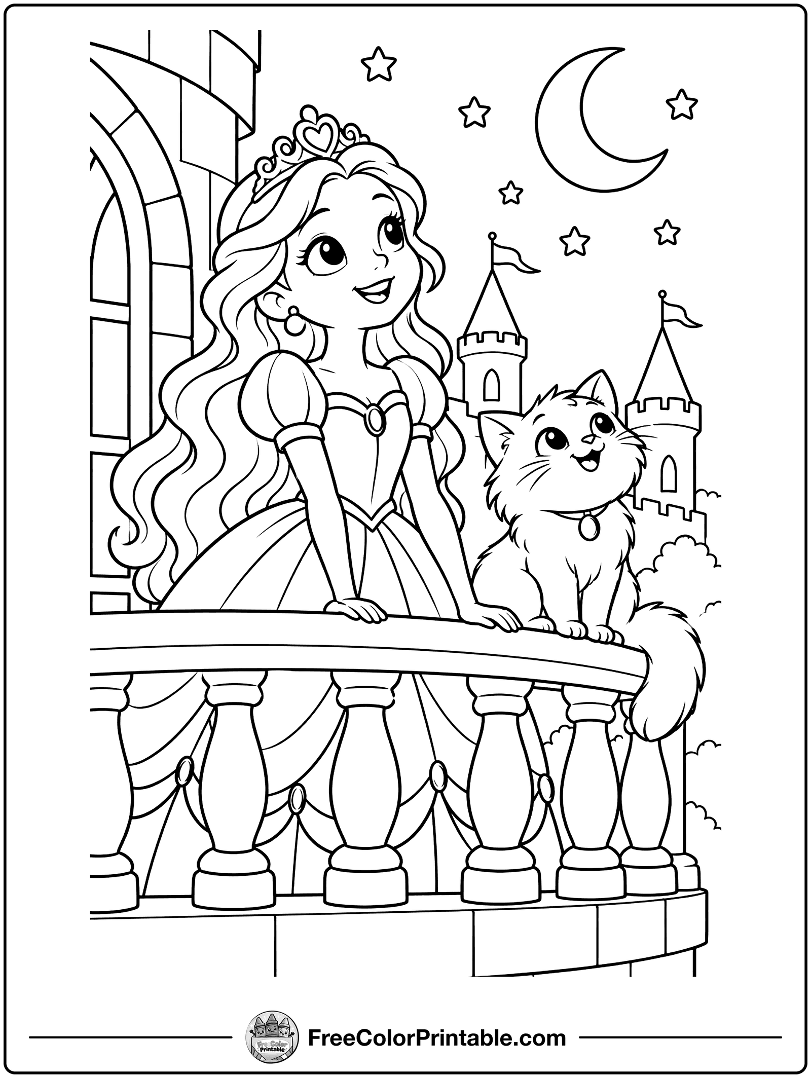 Princess and Her Cat on a Balcony Coloring Page — free color printable