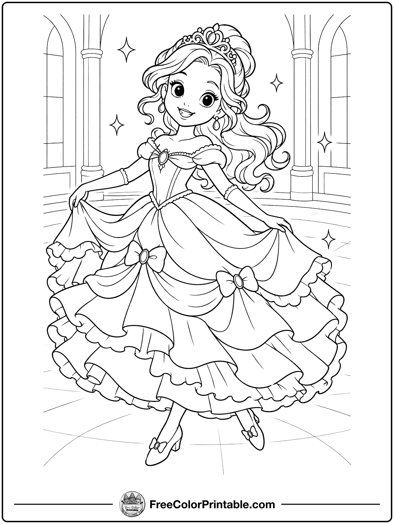 Princess in a Ball Gown Coloring Page — free color printable