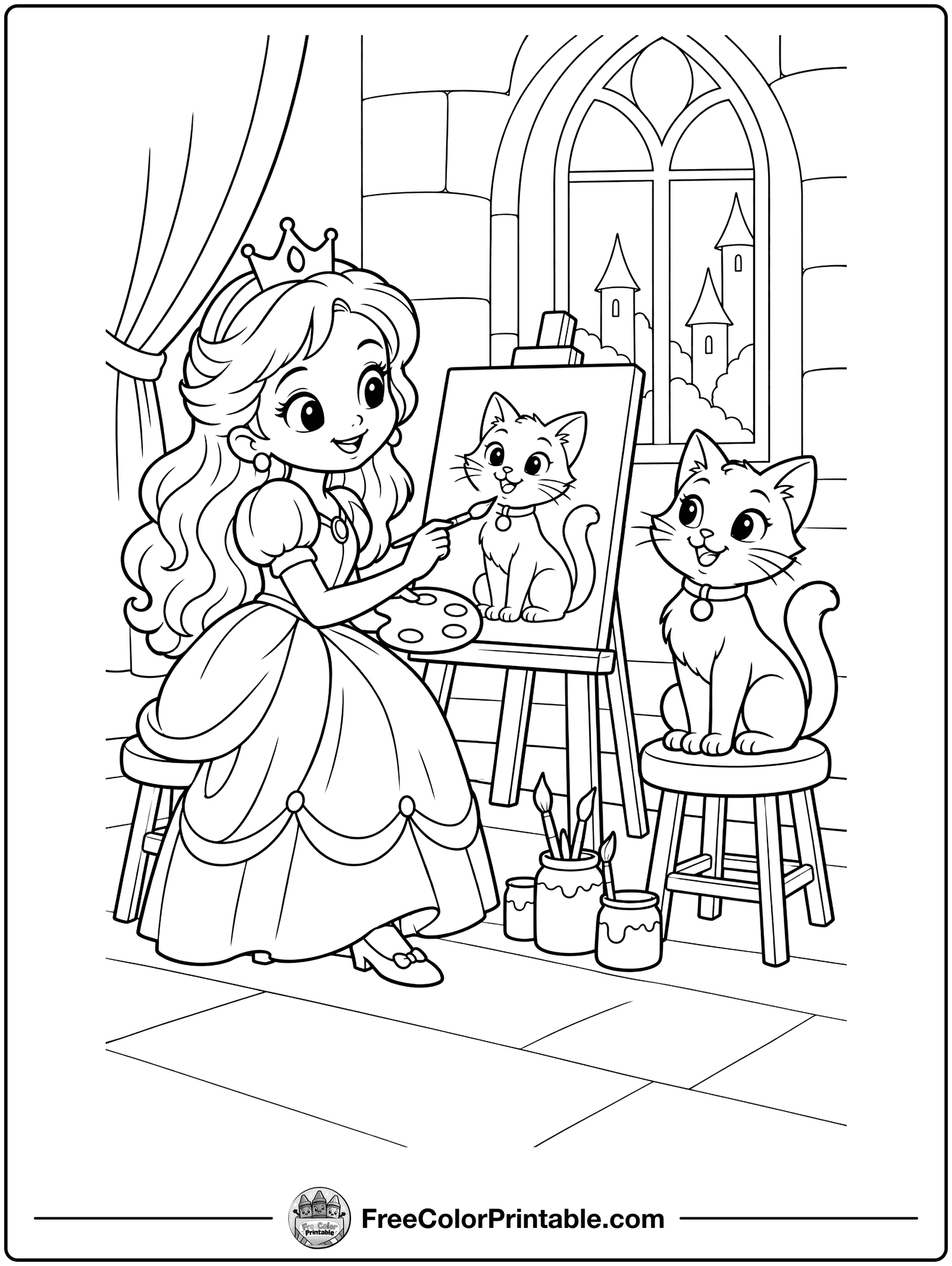 Princess Painting a Portrait Coloring Page — free color printable