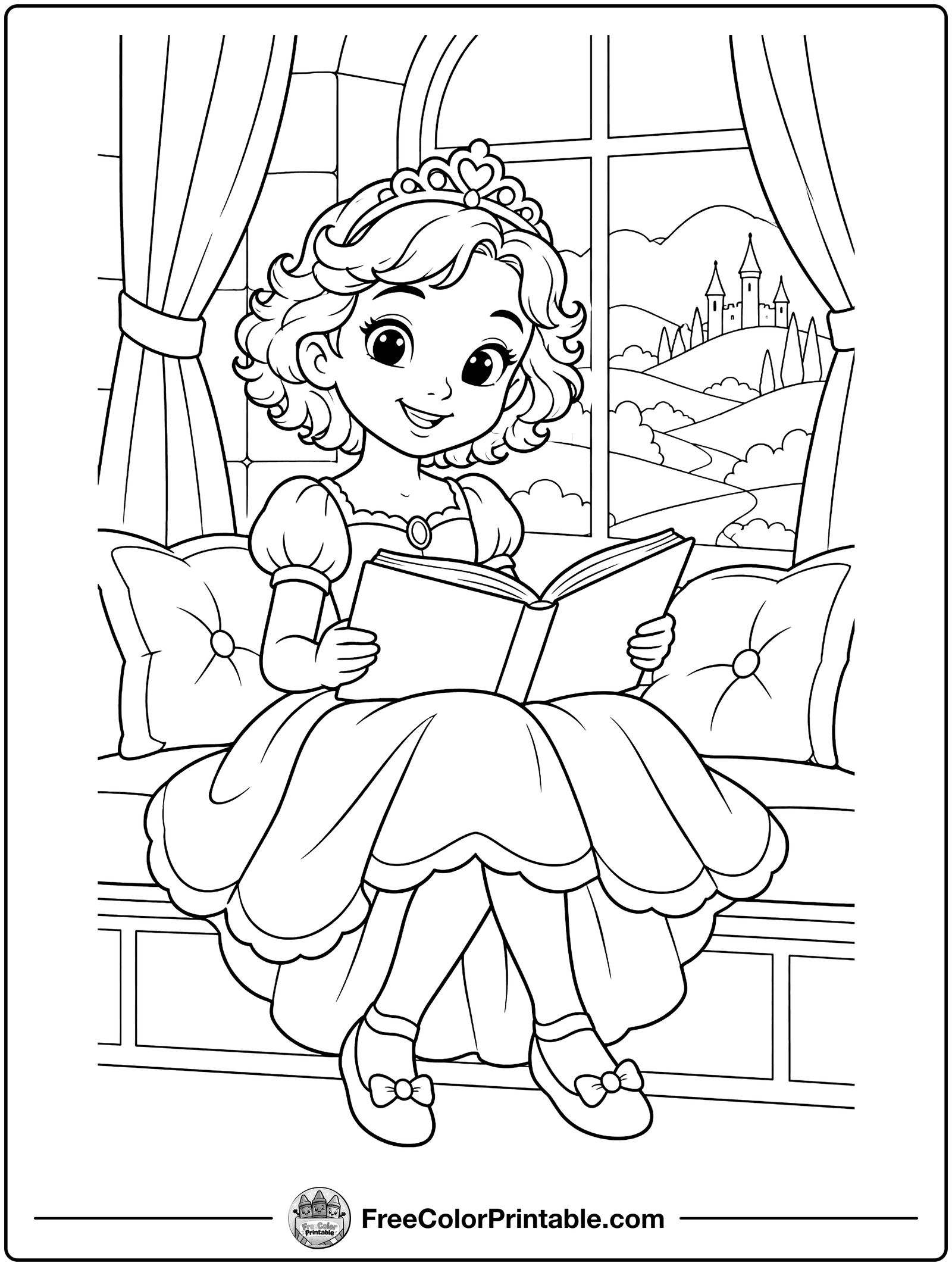 Princess Reading on a Window Seat Coloring Page — free color printable