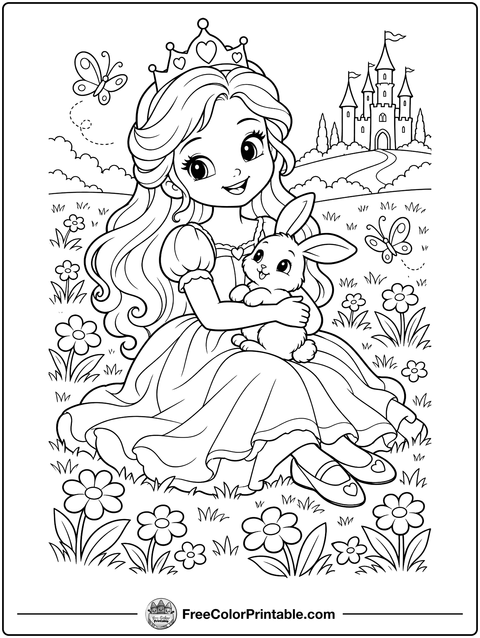 Princess with a Bunny Coloring Page — free color printable