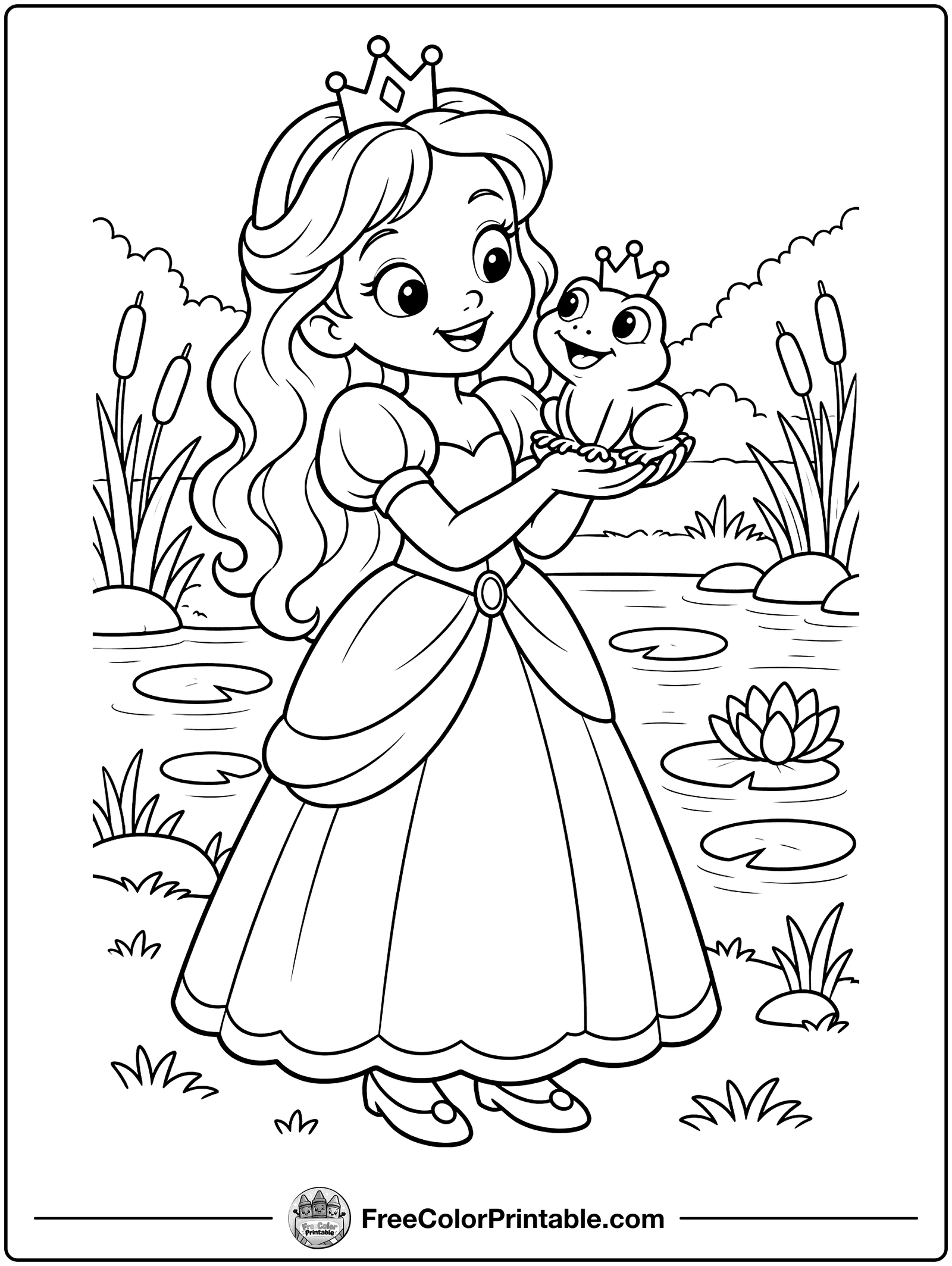 Princess with a Frog Coloring Page — free color printable