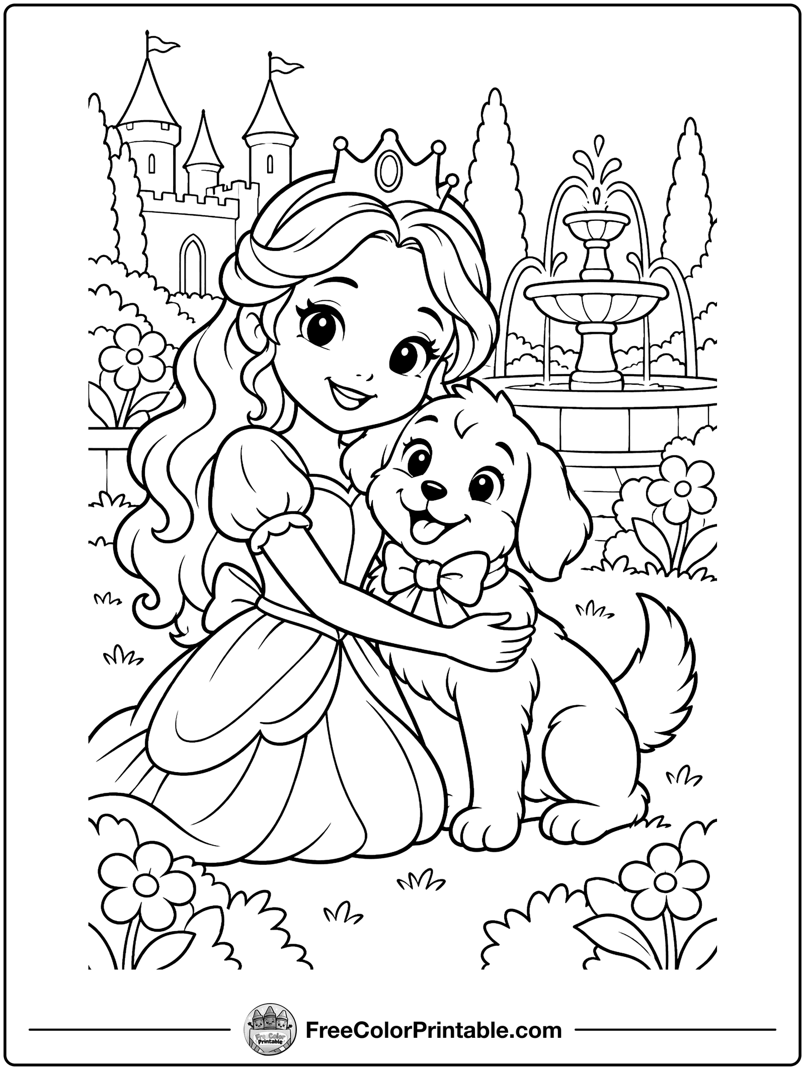 Princess with a Puppy Coloring Page — free color printable