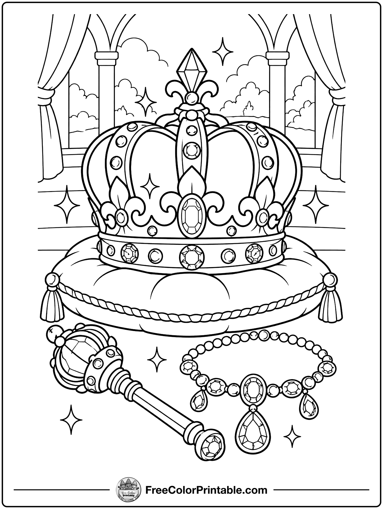 Royal Crown and Jewels Coloring Page — free color printable