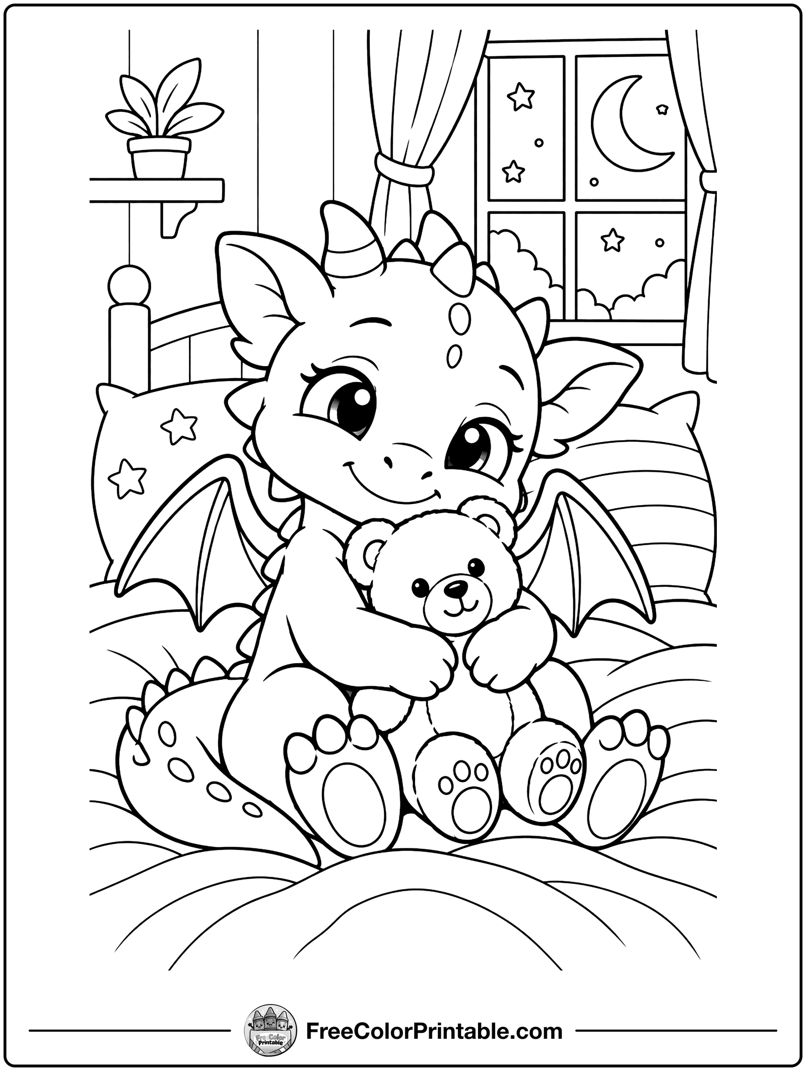 Baby Dragon with a Teddy Bear Coloring Page — free color printable