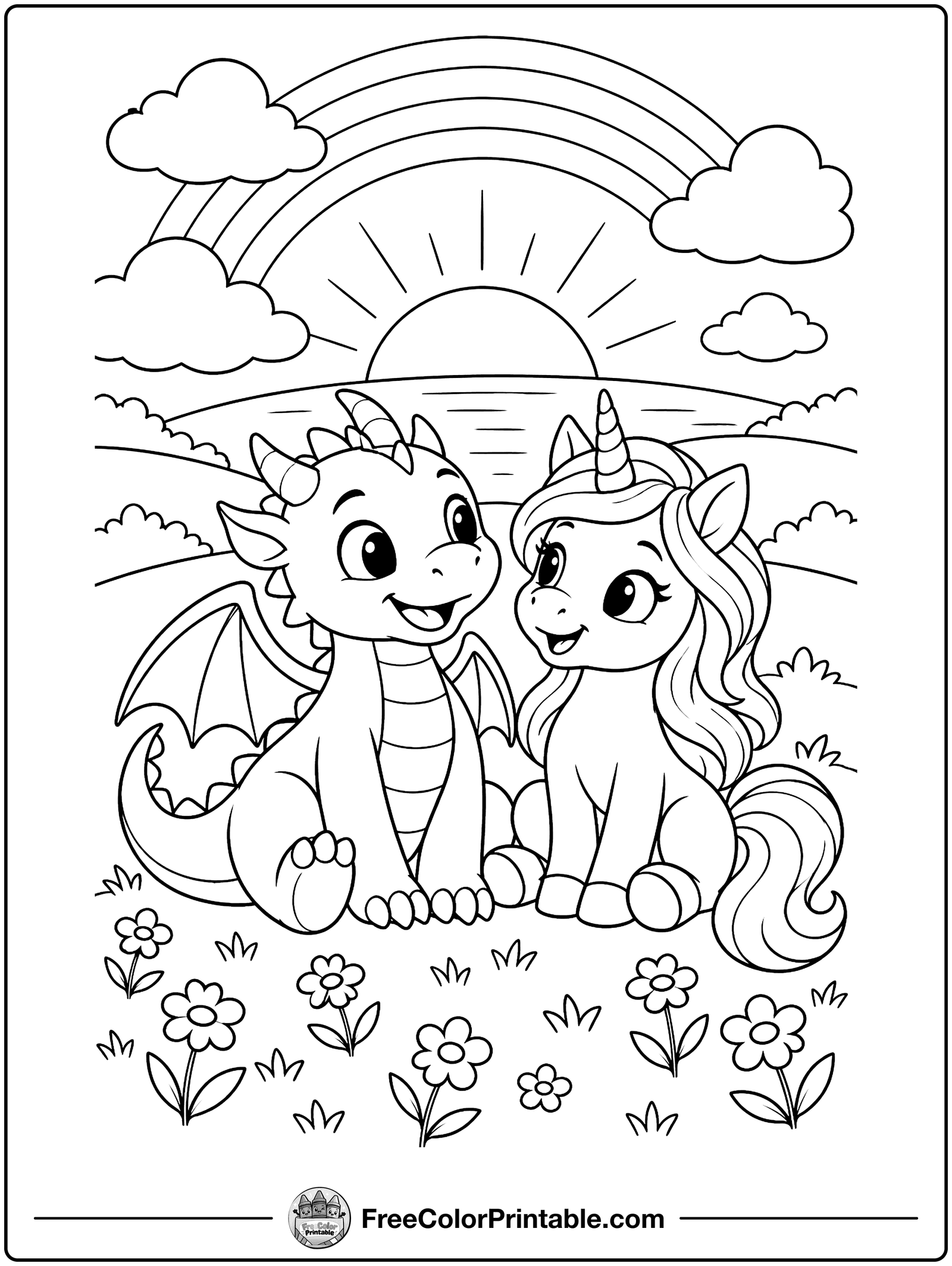 Dragon and Unicorn Friends Coloring Page — free color printable