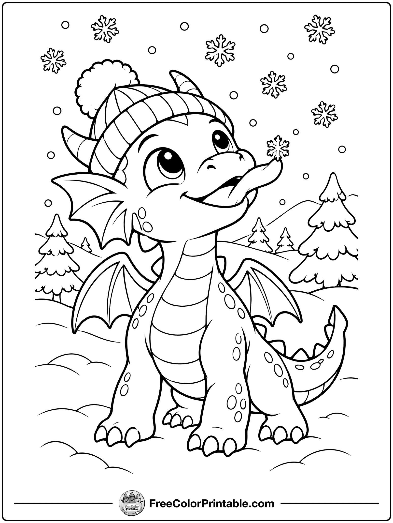 Dragon Catching Snowflakes Coloring Page — free color printable