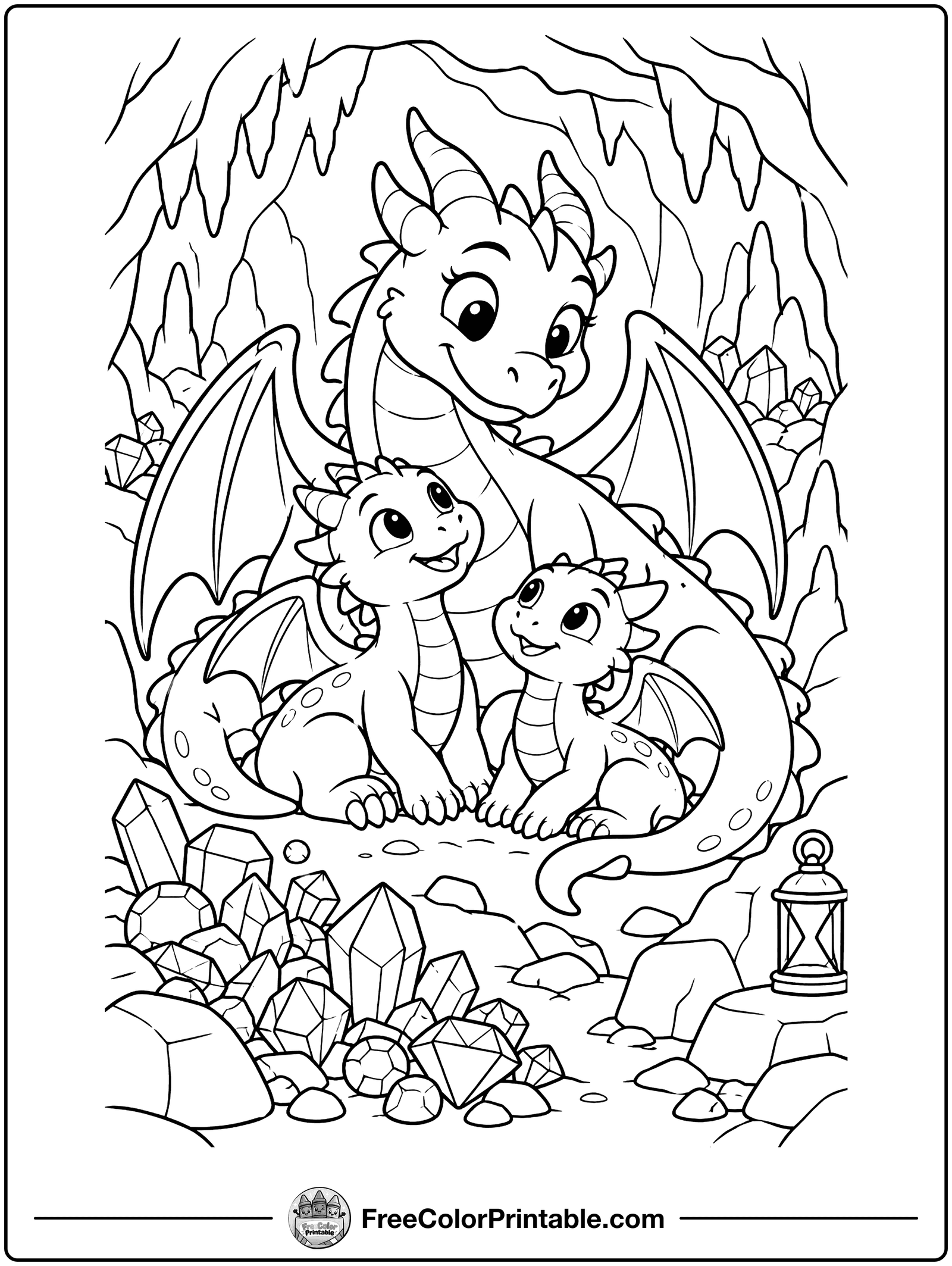 Dragon Family in a Cave Coloring Page — free color printable