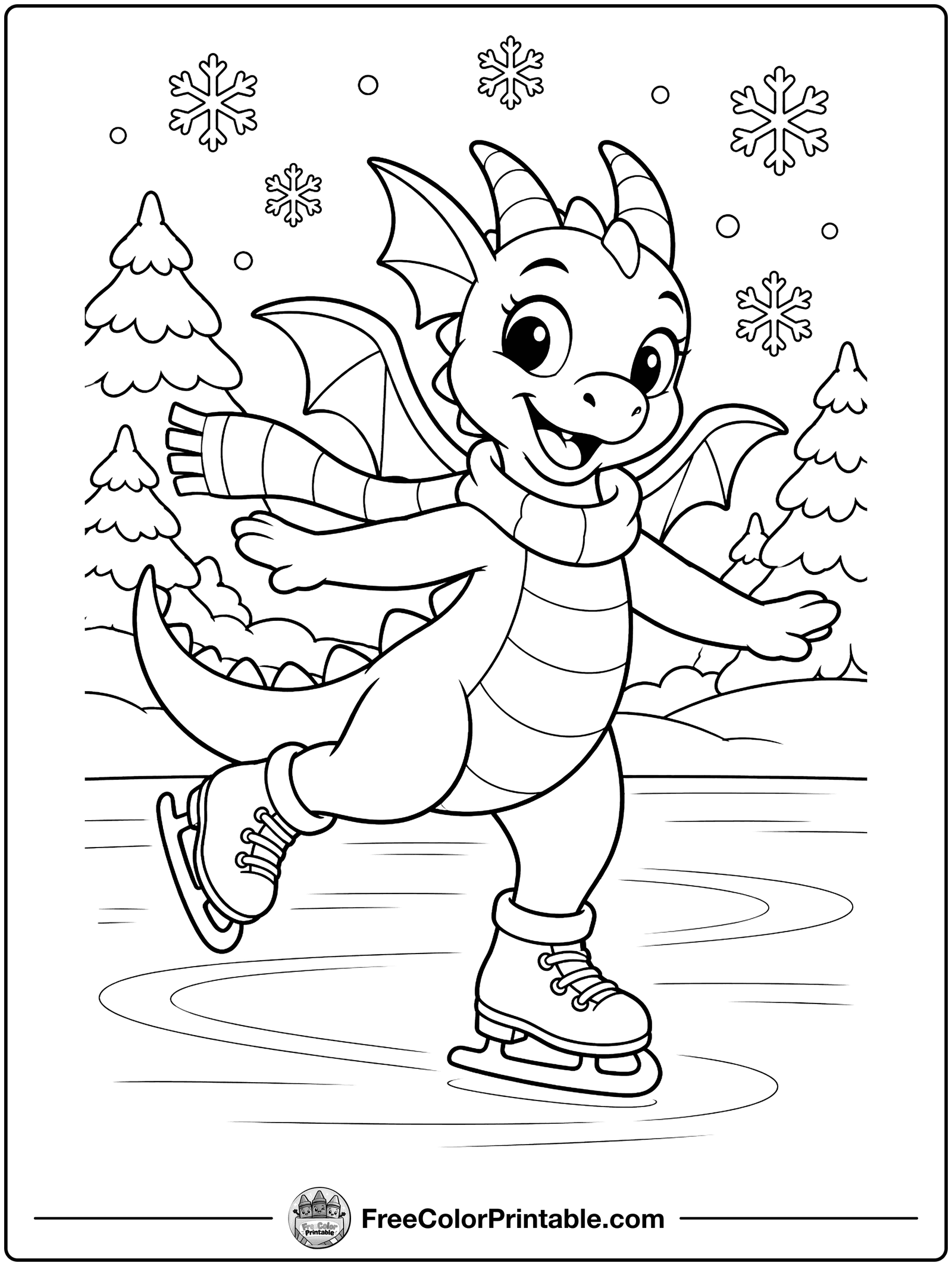 Dragon Ice Skating Coloring Page — free color printable