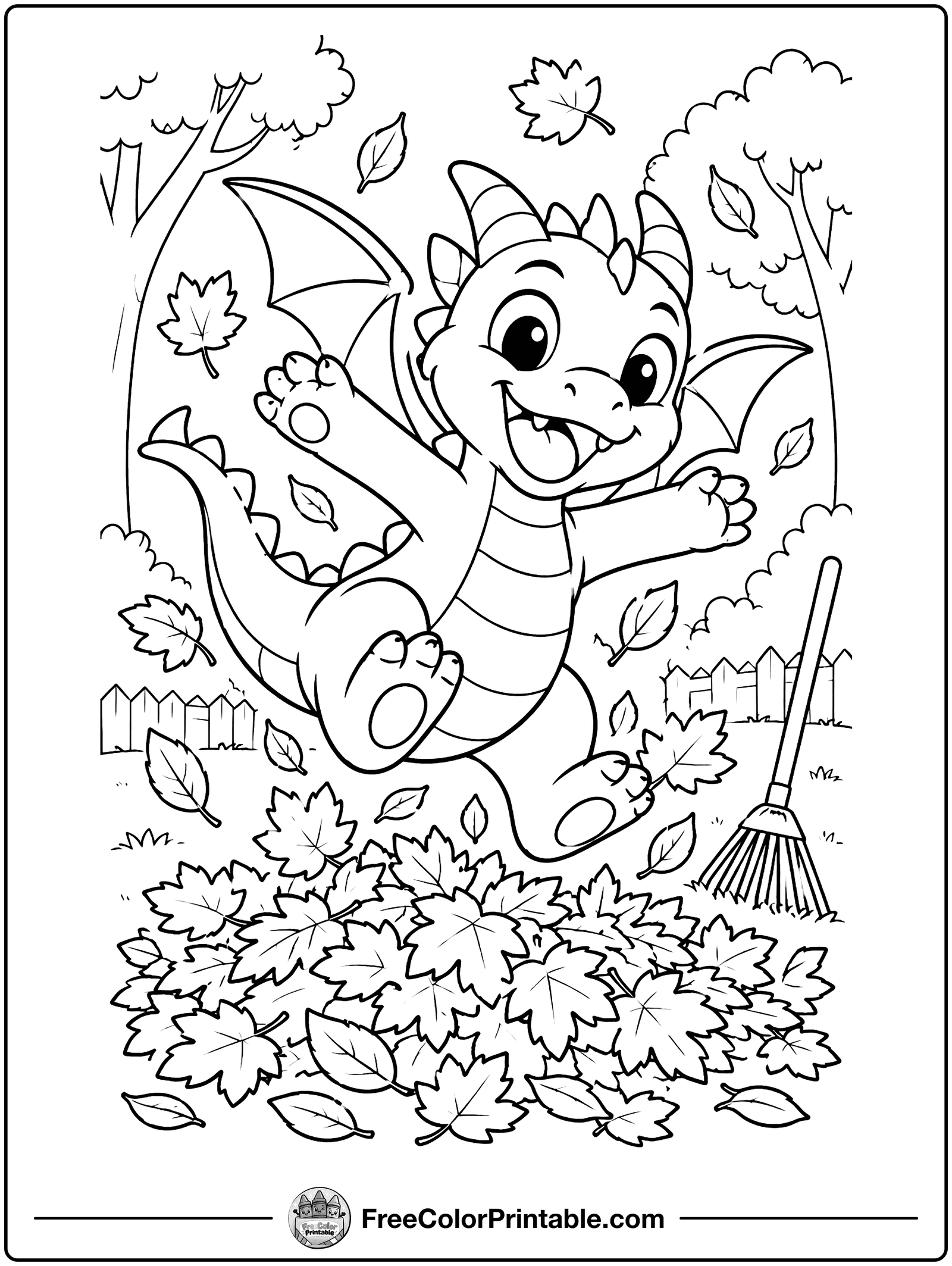 Dragon Jumping in Autumn Leaves Coloring Page — free color printable