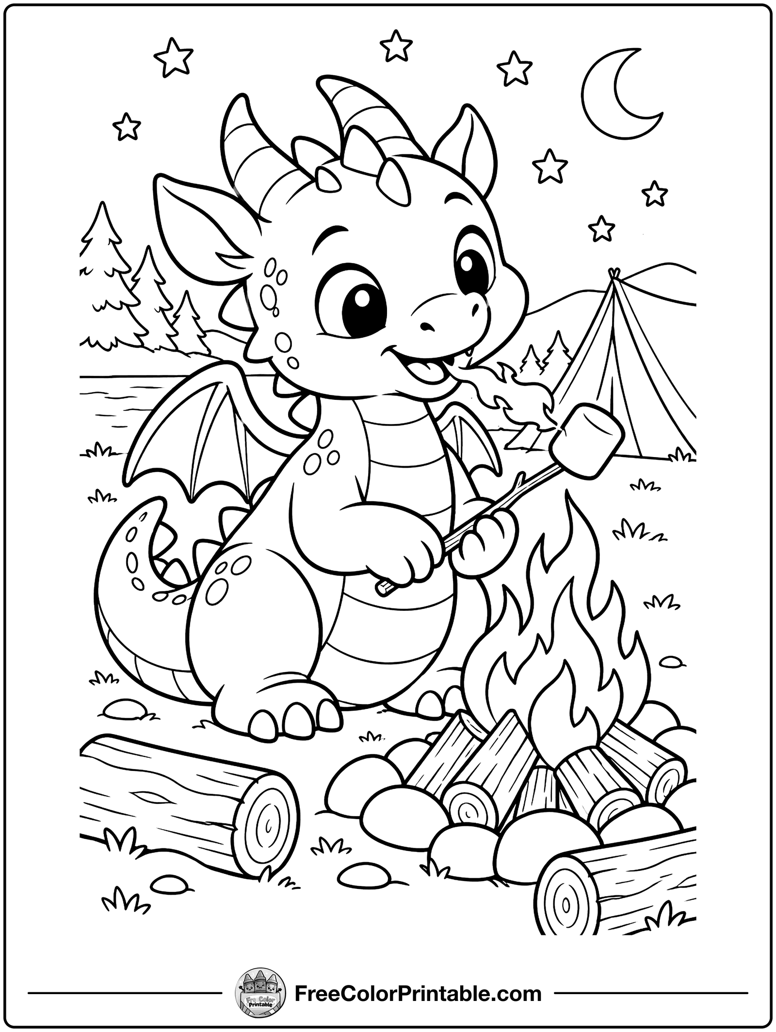 Dragon Roasting Marshmallows Coloring Page — free color printable