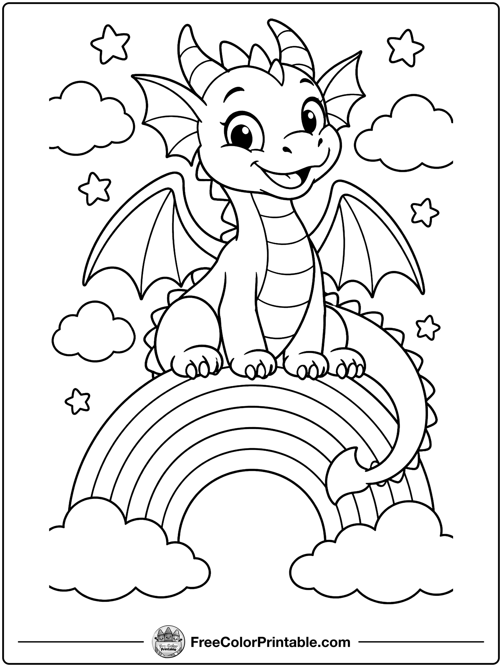 Dragon Sitting on a Rainbow Coloring Page — free color printable