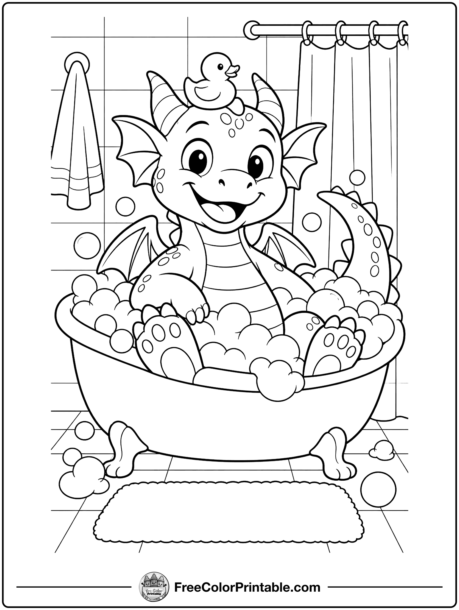 Dragon Taking a Bubble Bath Coloring Page — free color printable