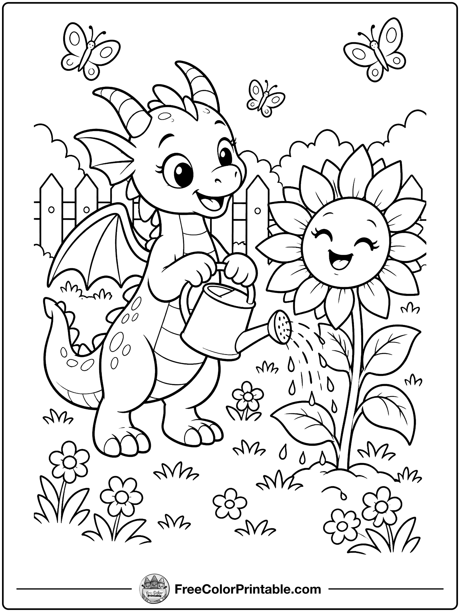Dragon Watering a Flower Coloring Page — free color printable