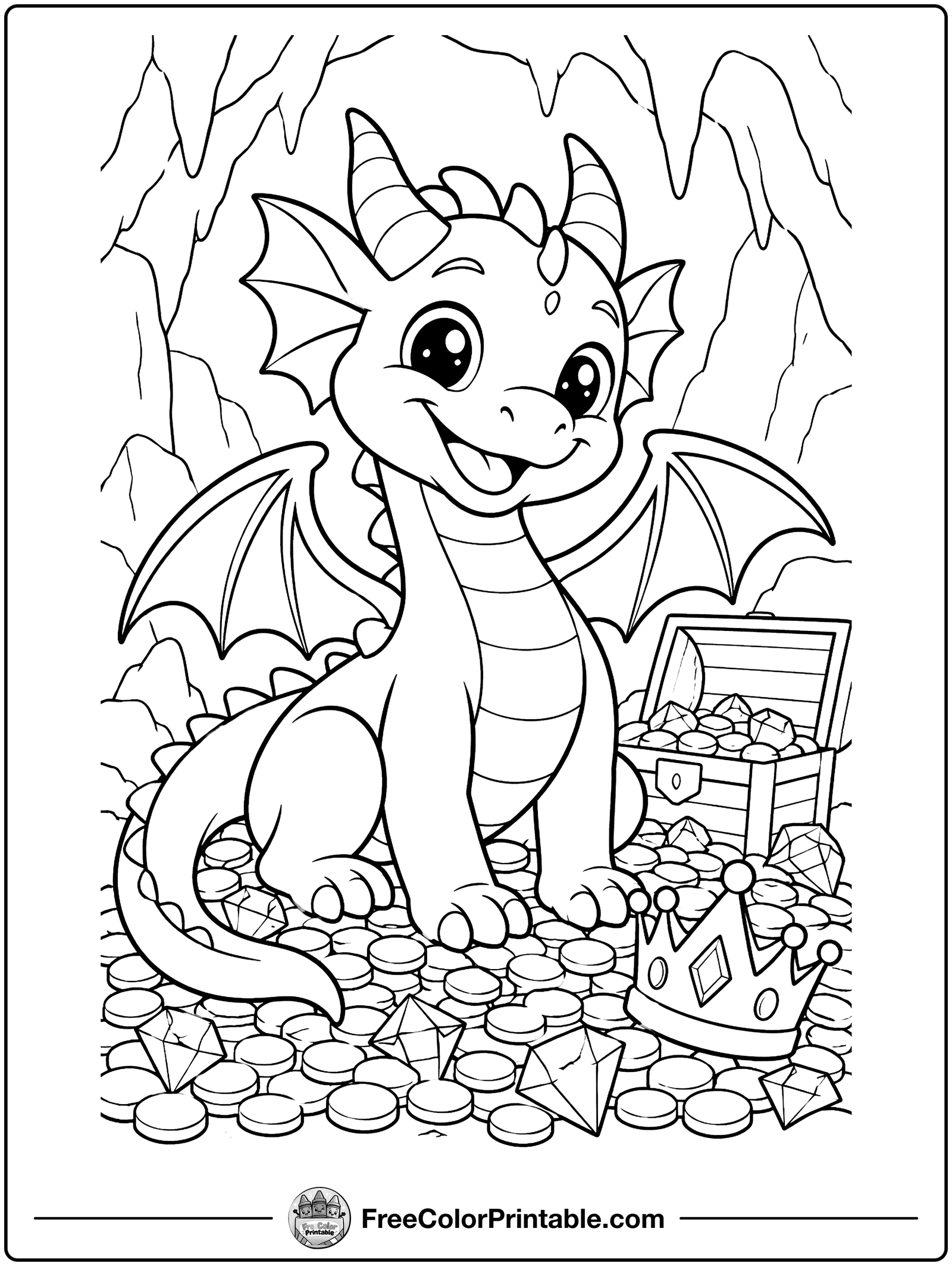 Dragon with Treasure Coloring Page — free color printable