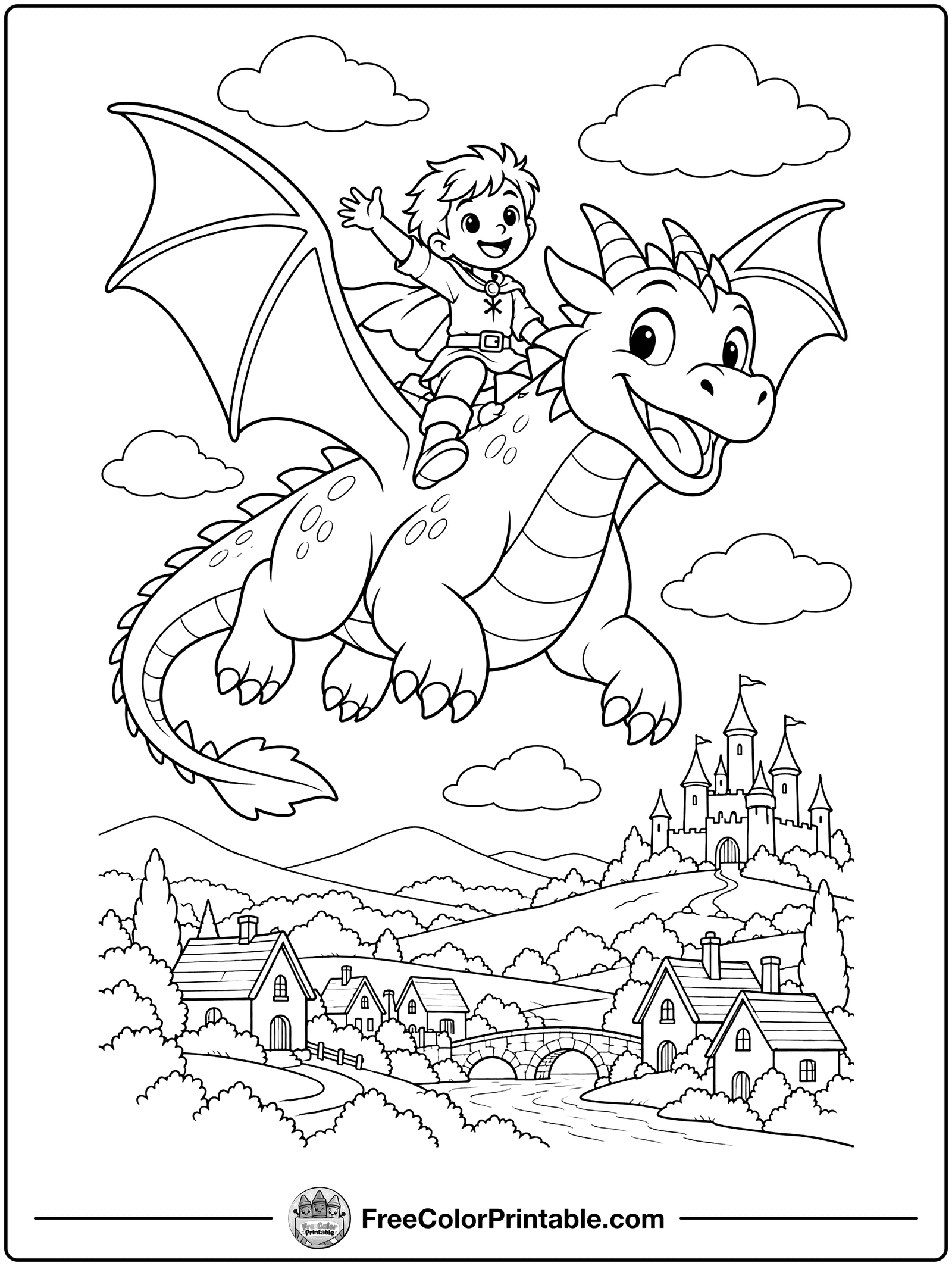 Kid Riding a Friendly Dragon Coloring Page — free color printable