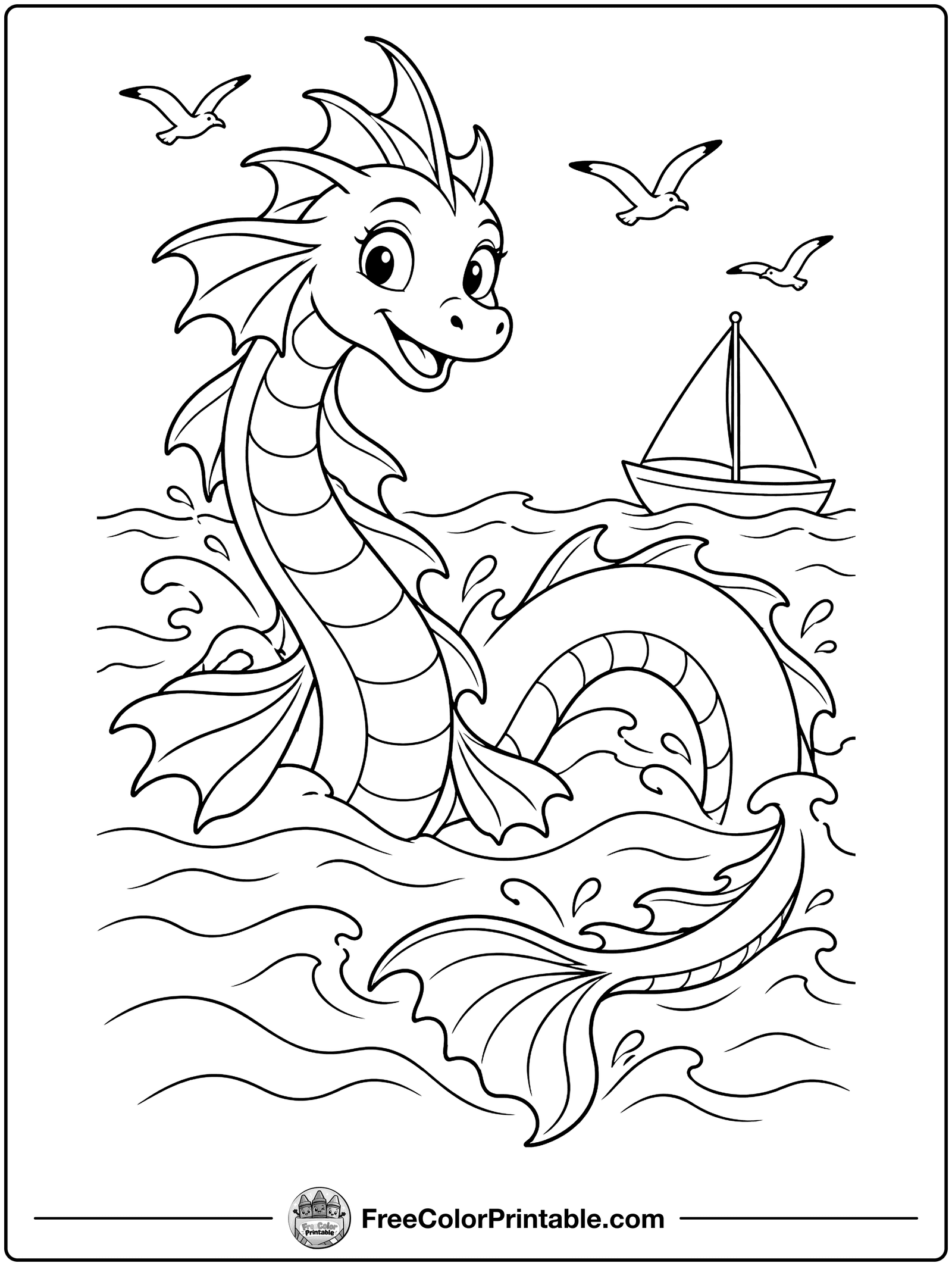 Sea Dragon in the Waves Coloring Page — free color printable