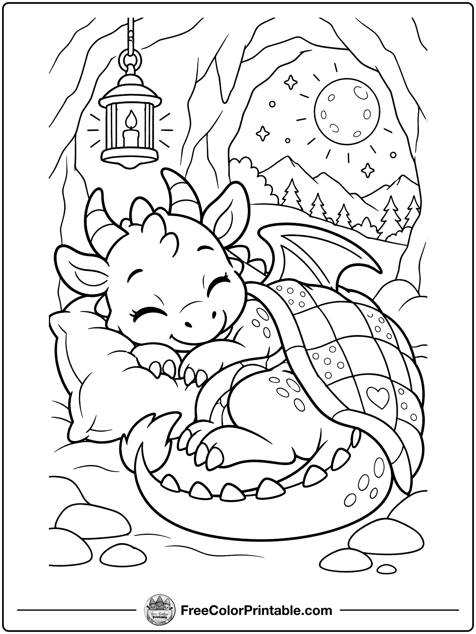 Sleepy Dragon in a Cave Coloring Page — free color printable