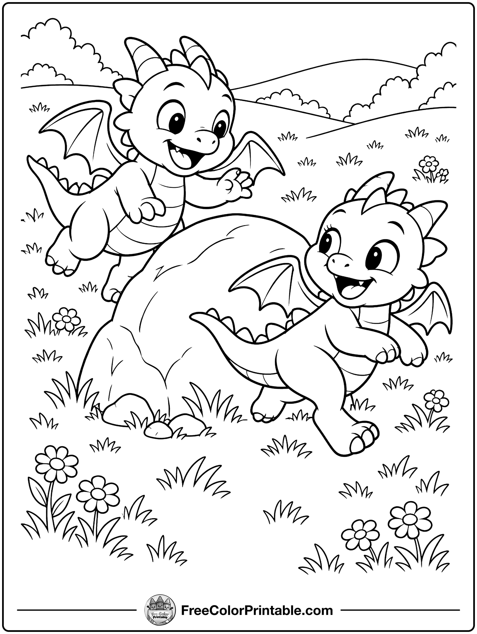 Two Baby Dragons Playing Coloring Page — free color printable
