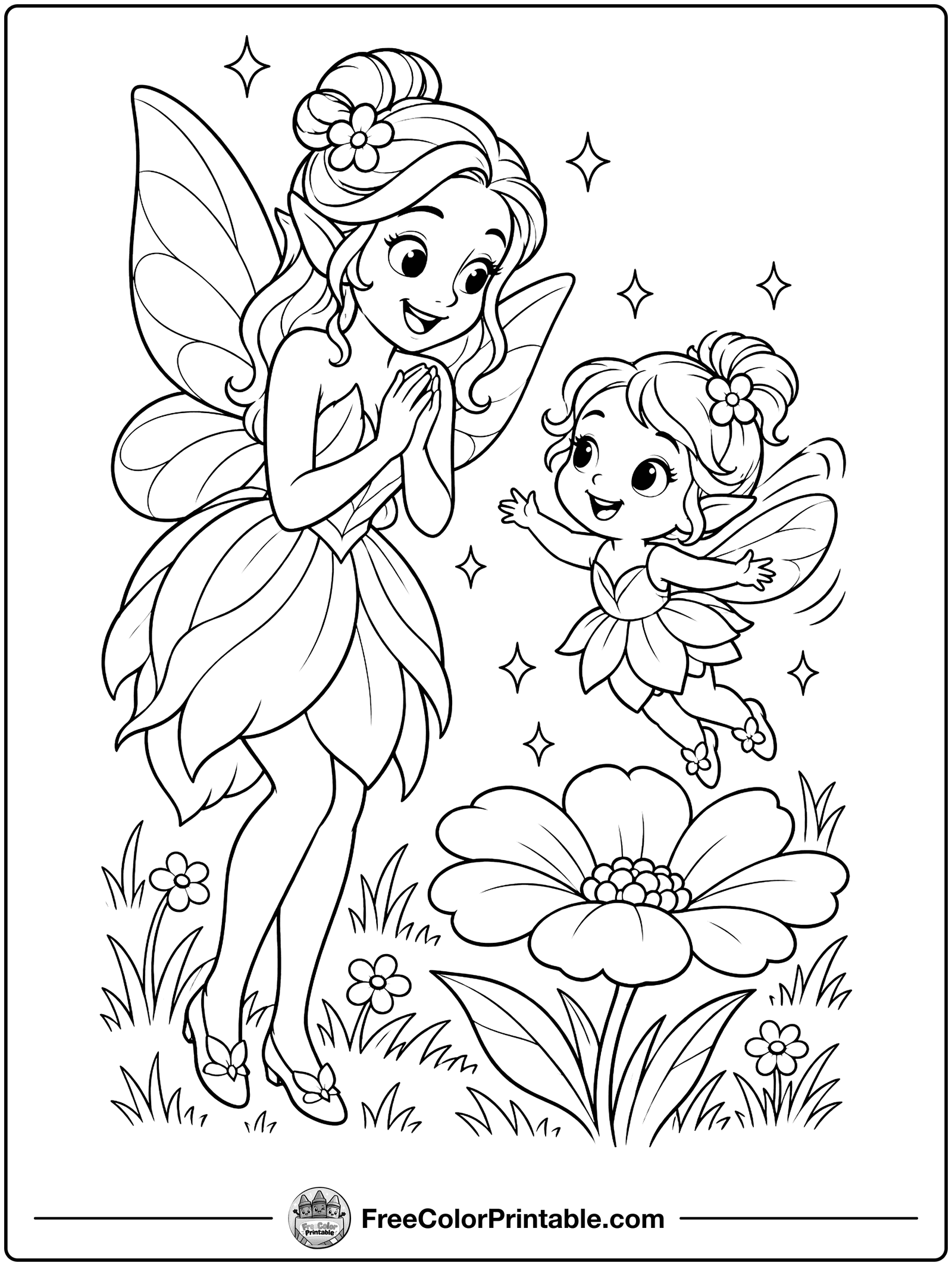 Baby Fairy Learning to Fly Coloring Page — free color printable