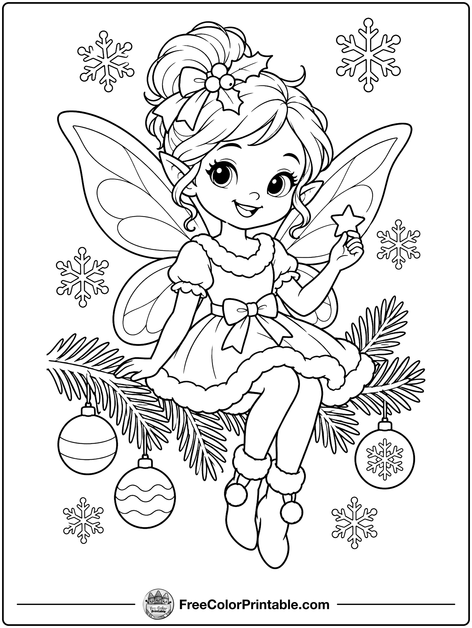 Christmas Fairy on a Pine Branch Coloring Page — free color printable