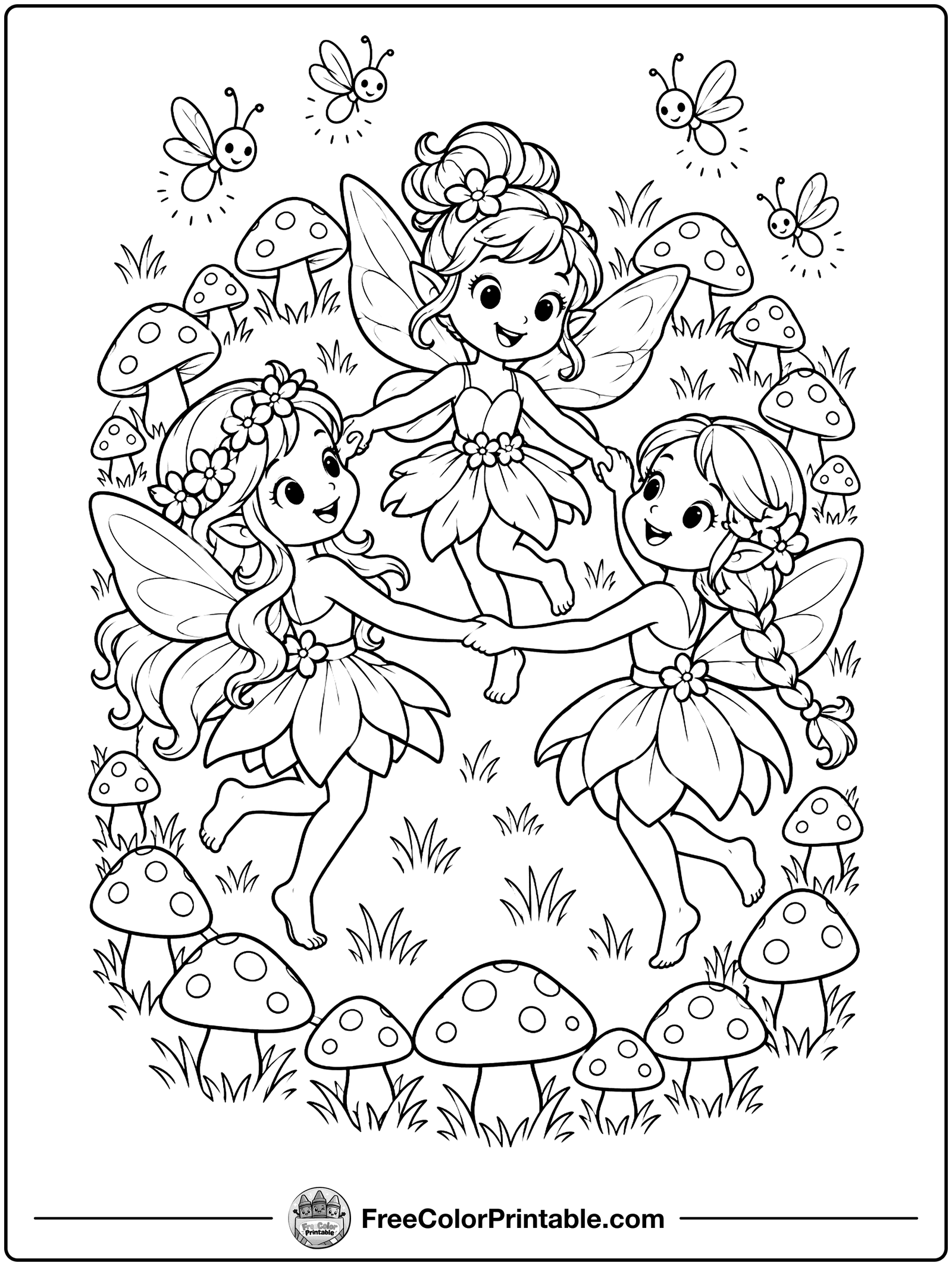 Fairies Dancing in a Ring Coloring Page — free color printable