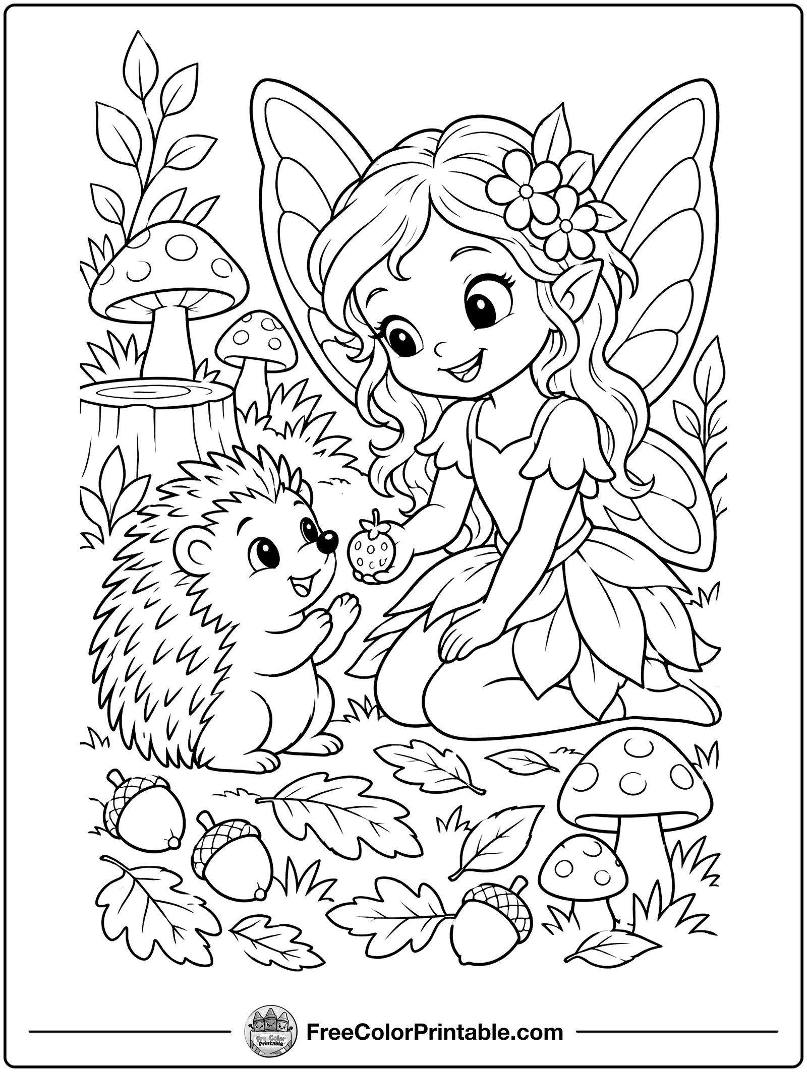 Fairy and Hedgehog Friends Coloring Page — free color printable