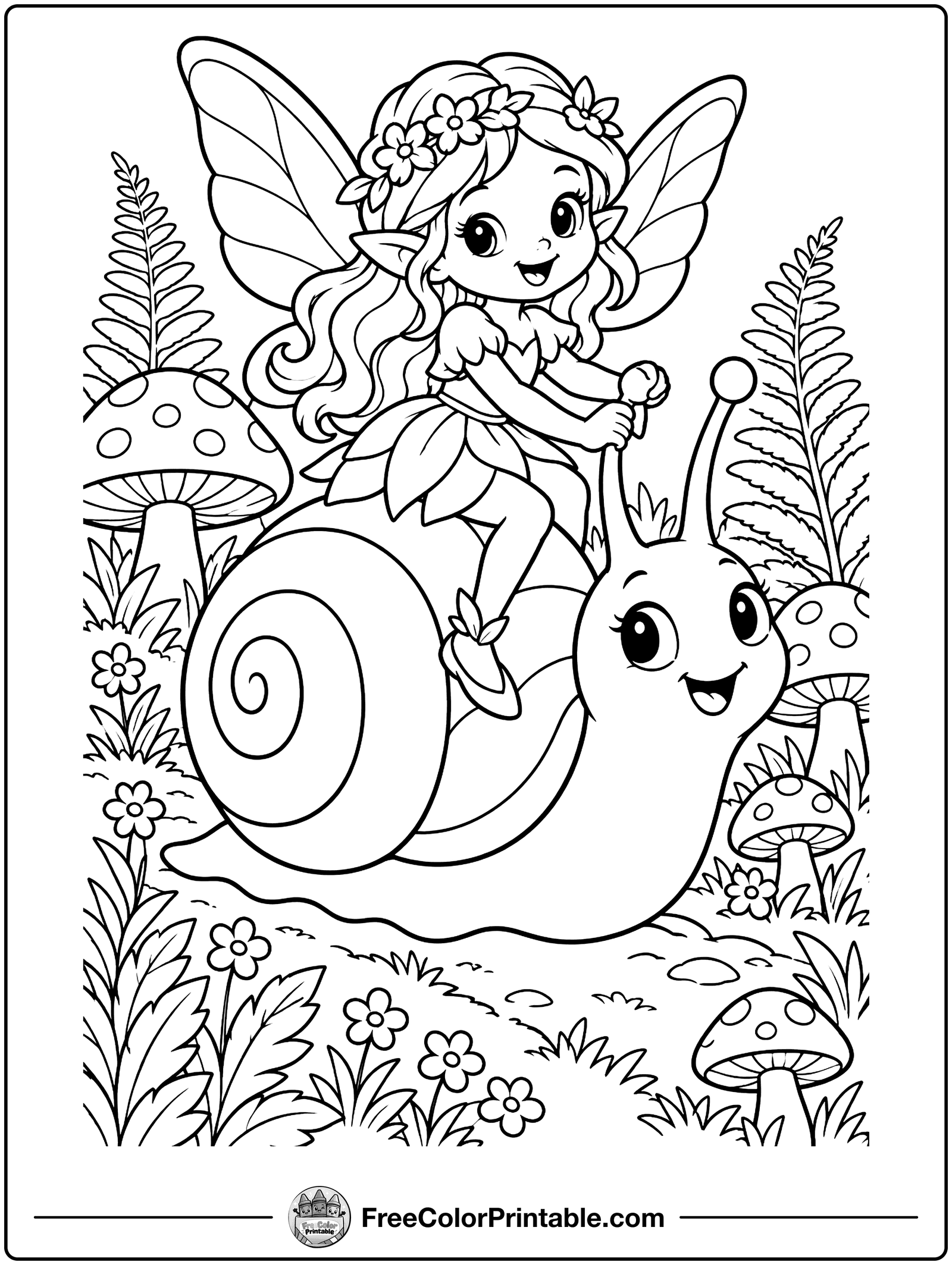 Fairy and Snail Friend Coloring Page — free color printable