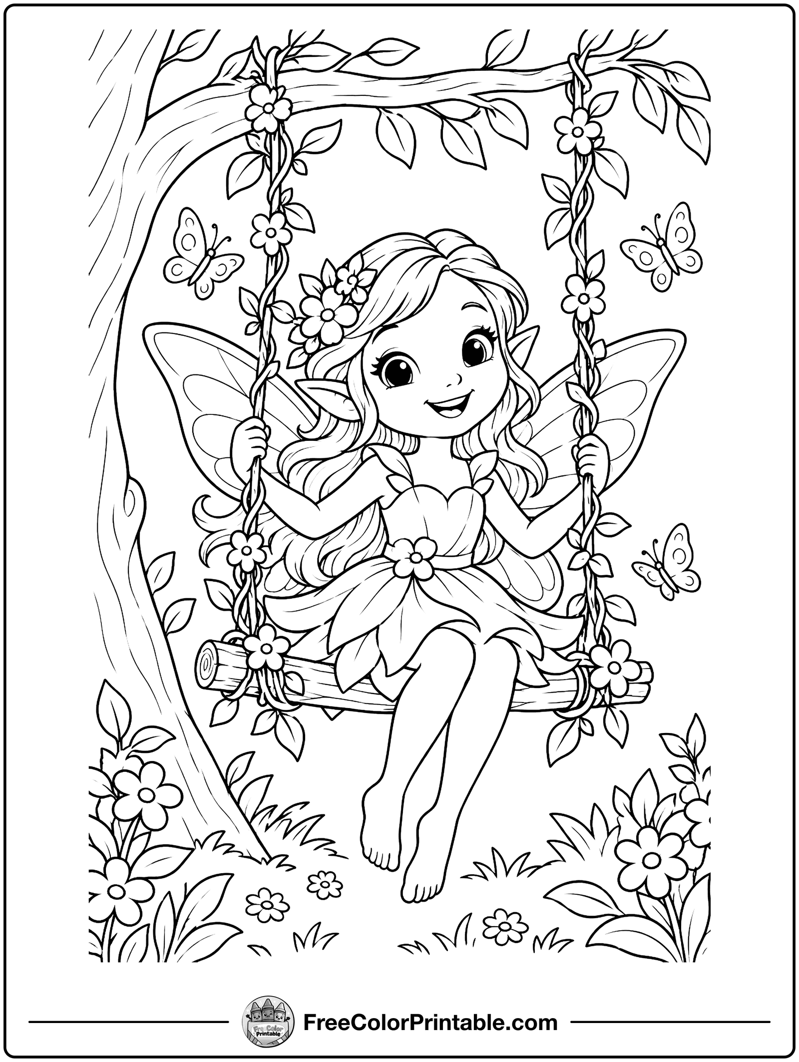 Fairy on a Flower Swing Coloring Page — free color printable