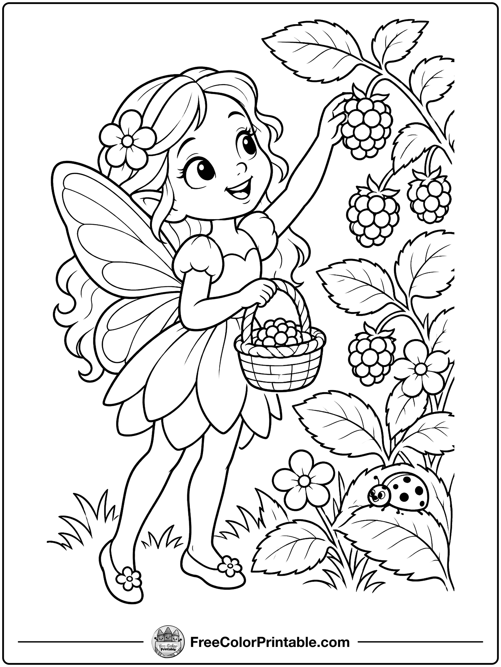 Fairy Picking Berries Coloring Page — free color printable