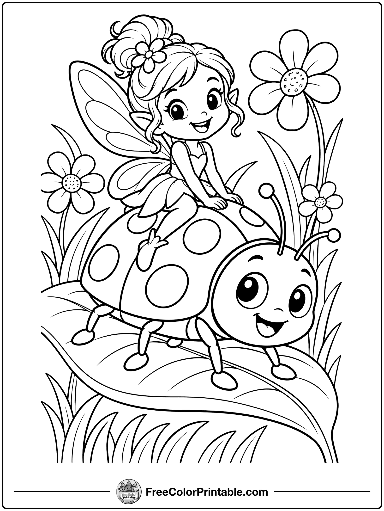 Fairy Riding a Ladybug Coloring Page — free color printable
