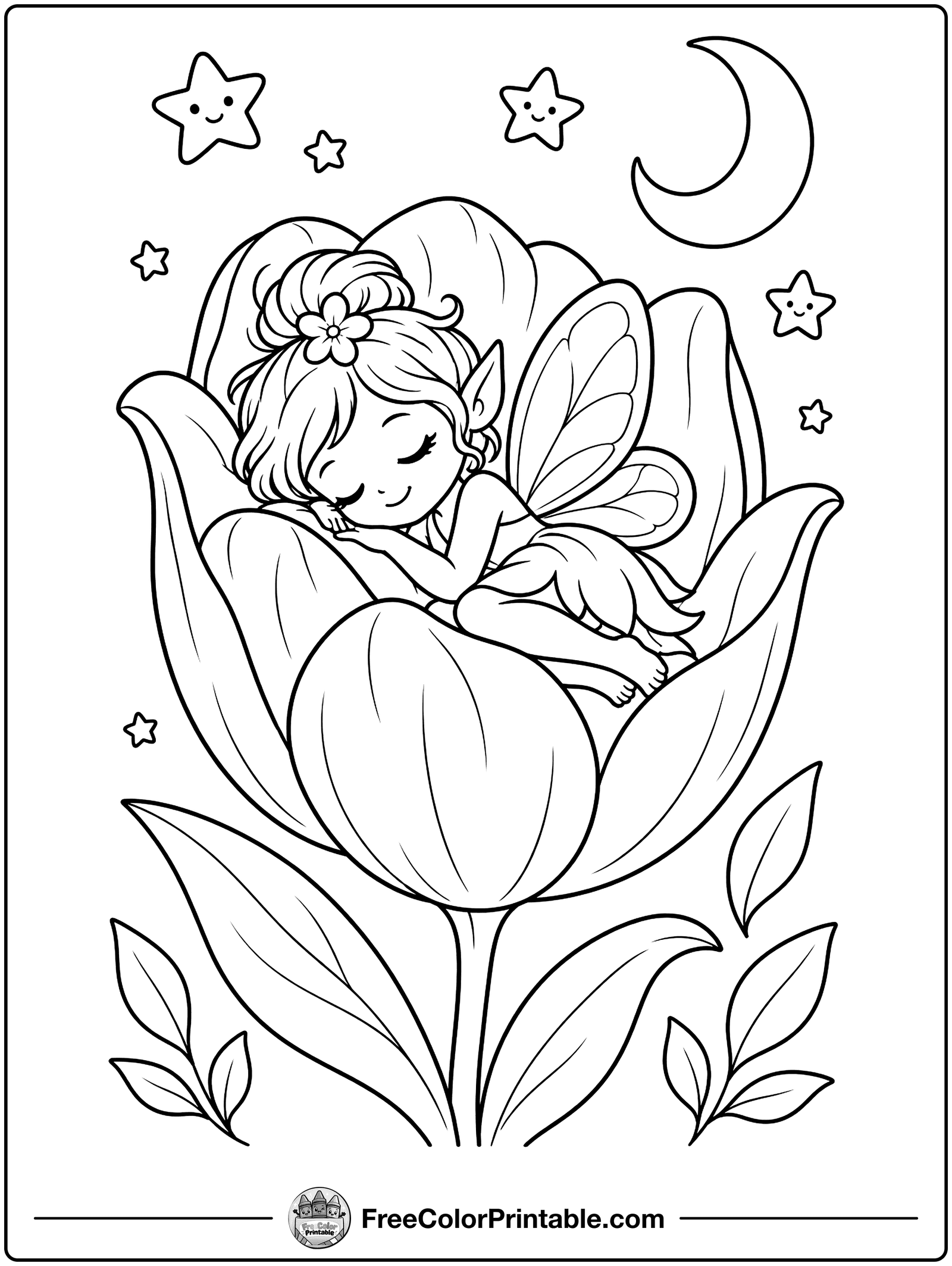 Fairy Sleeping in a Flower Coloring Page — free color printable