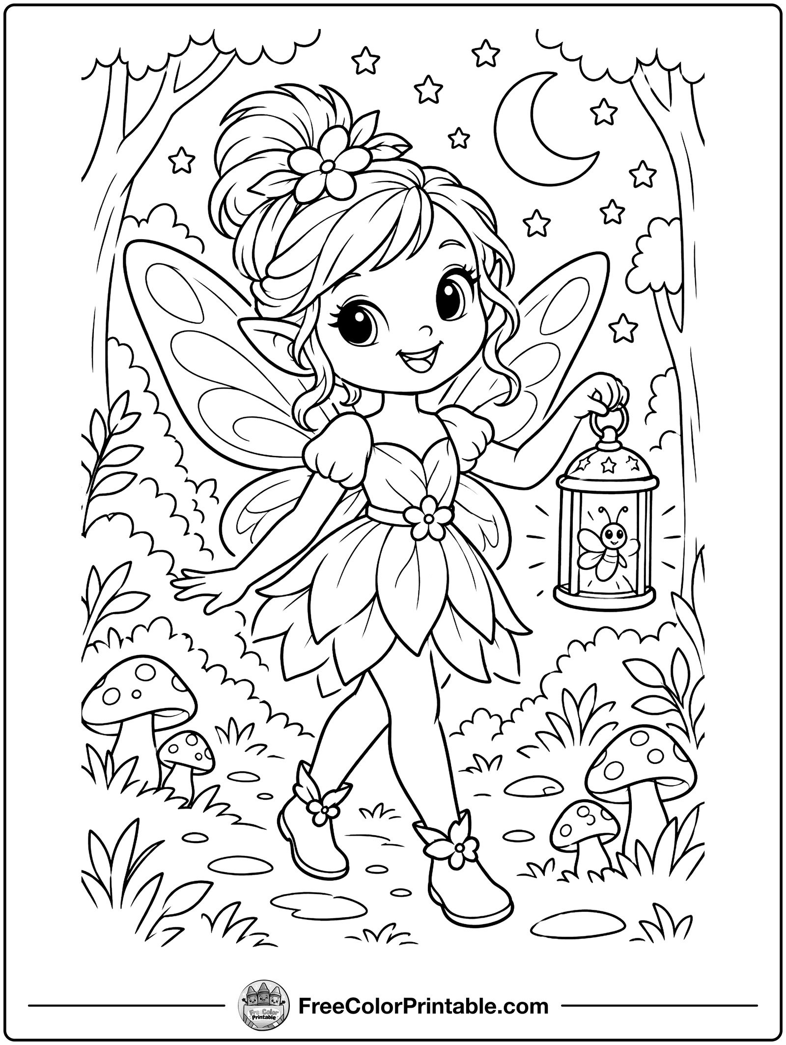 Fairy with a Firefly Lantern Coloring Page — free color printable