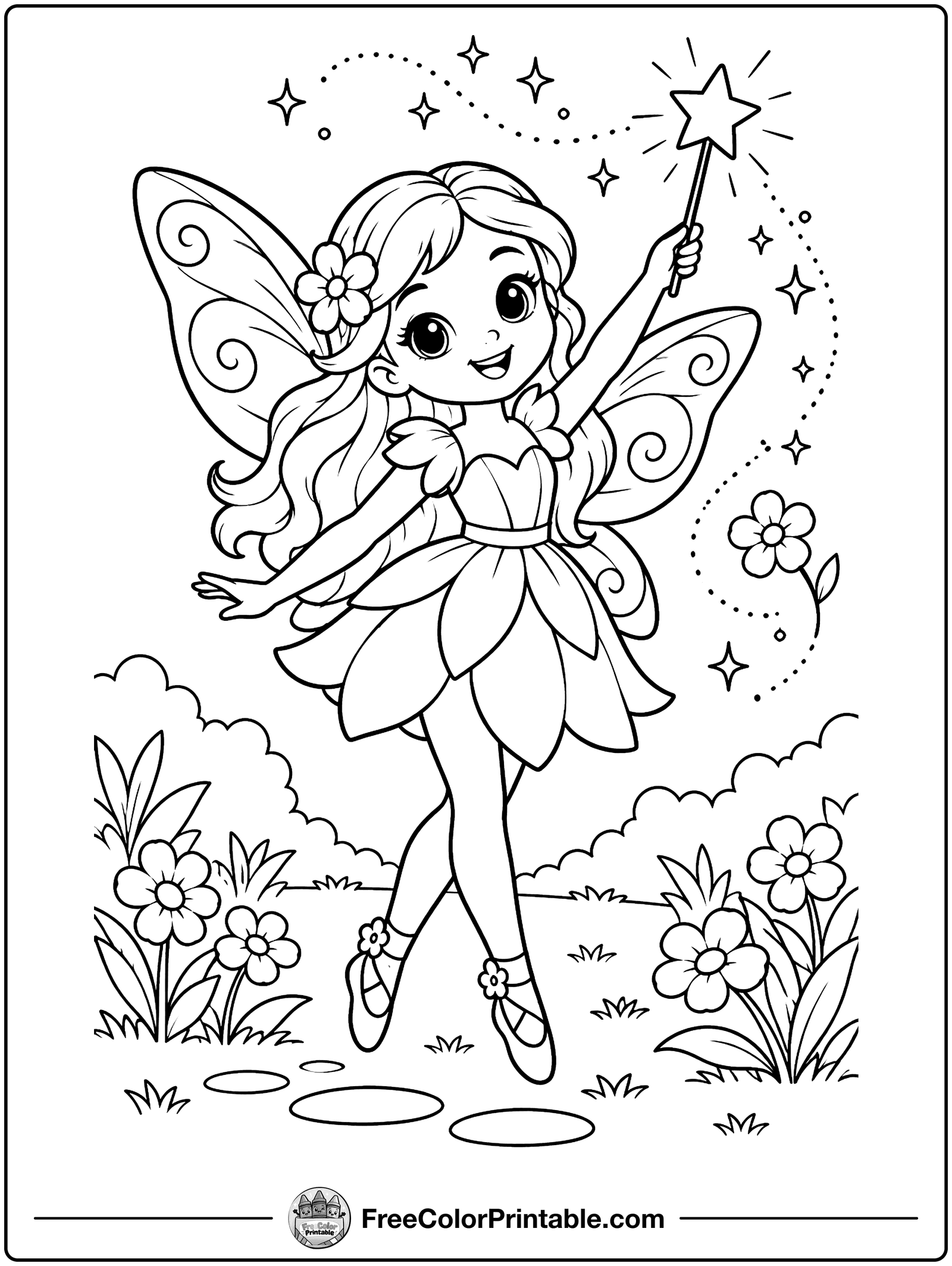Fairy with a Magic Wand Coloring Page — free color printable