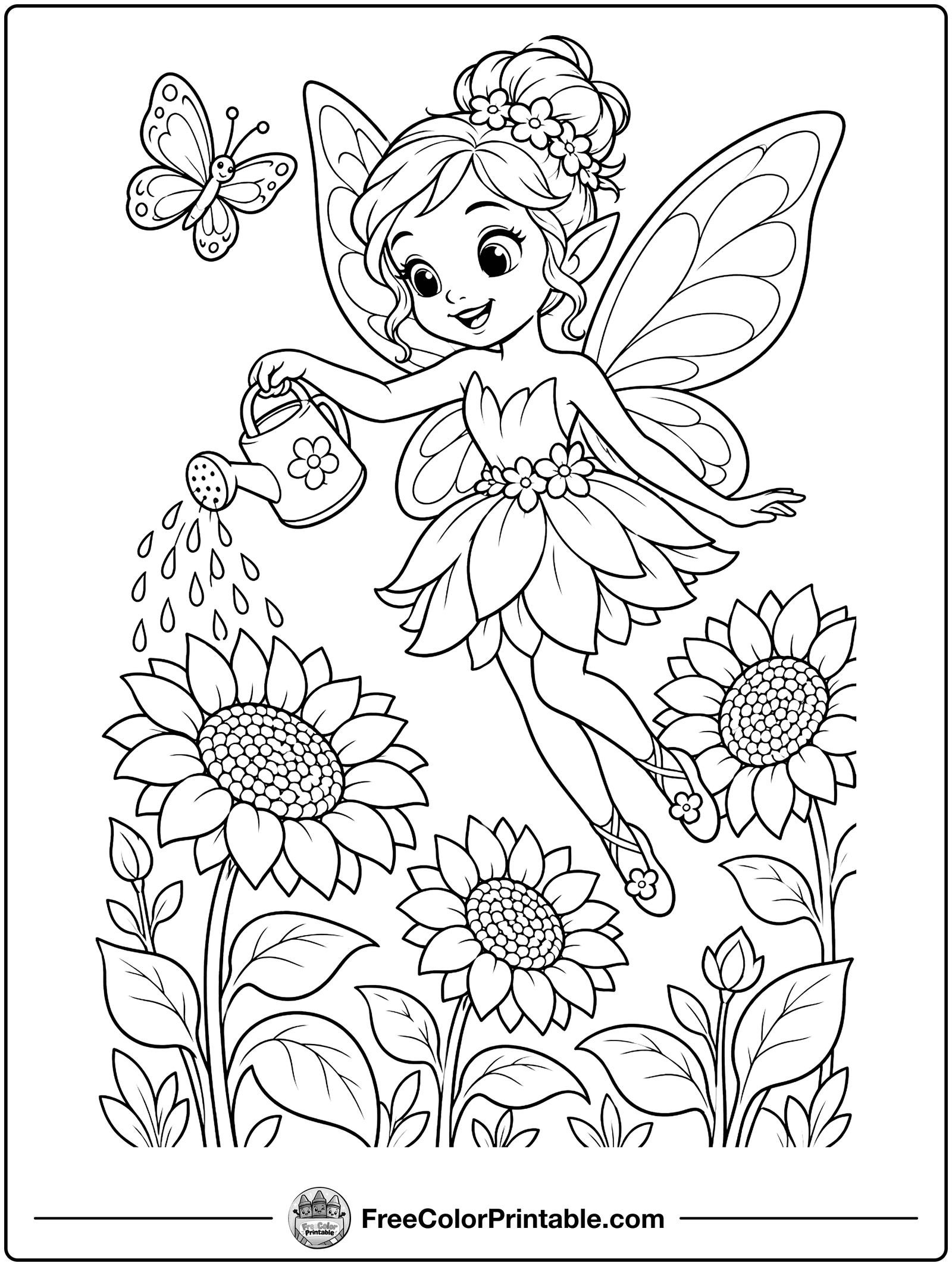 Garden Fairy Watering Flowers Coloring Page — free color printable