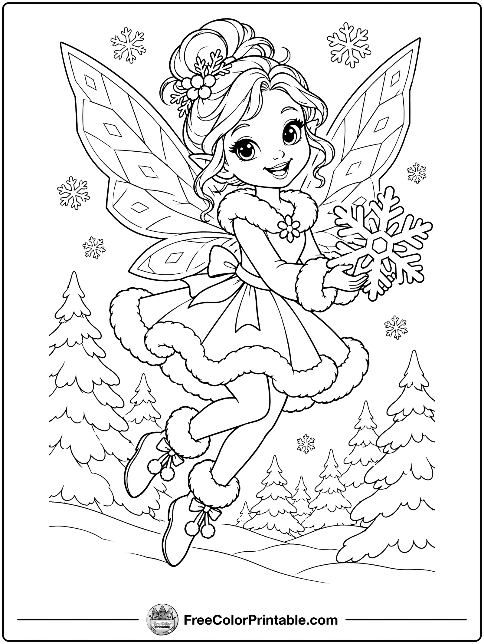 Snow Fairy with Snowflakes Coloring Page — free color printable