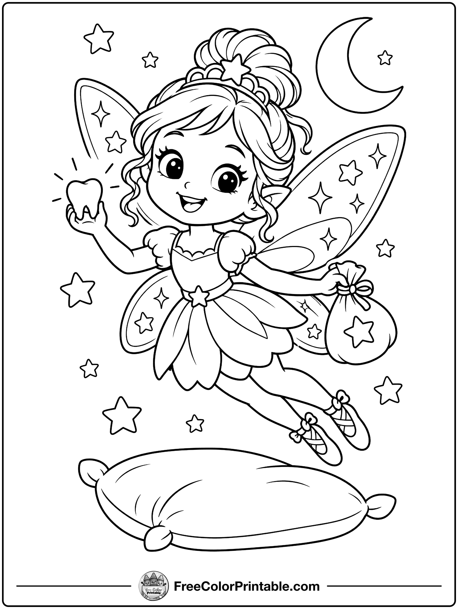Tooth Fairy with a Tiny Tooth Coloring Page — free color printable
