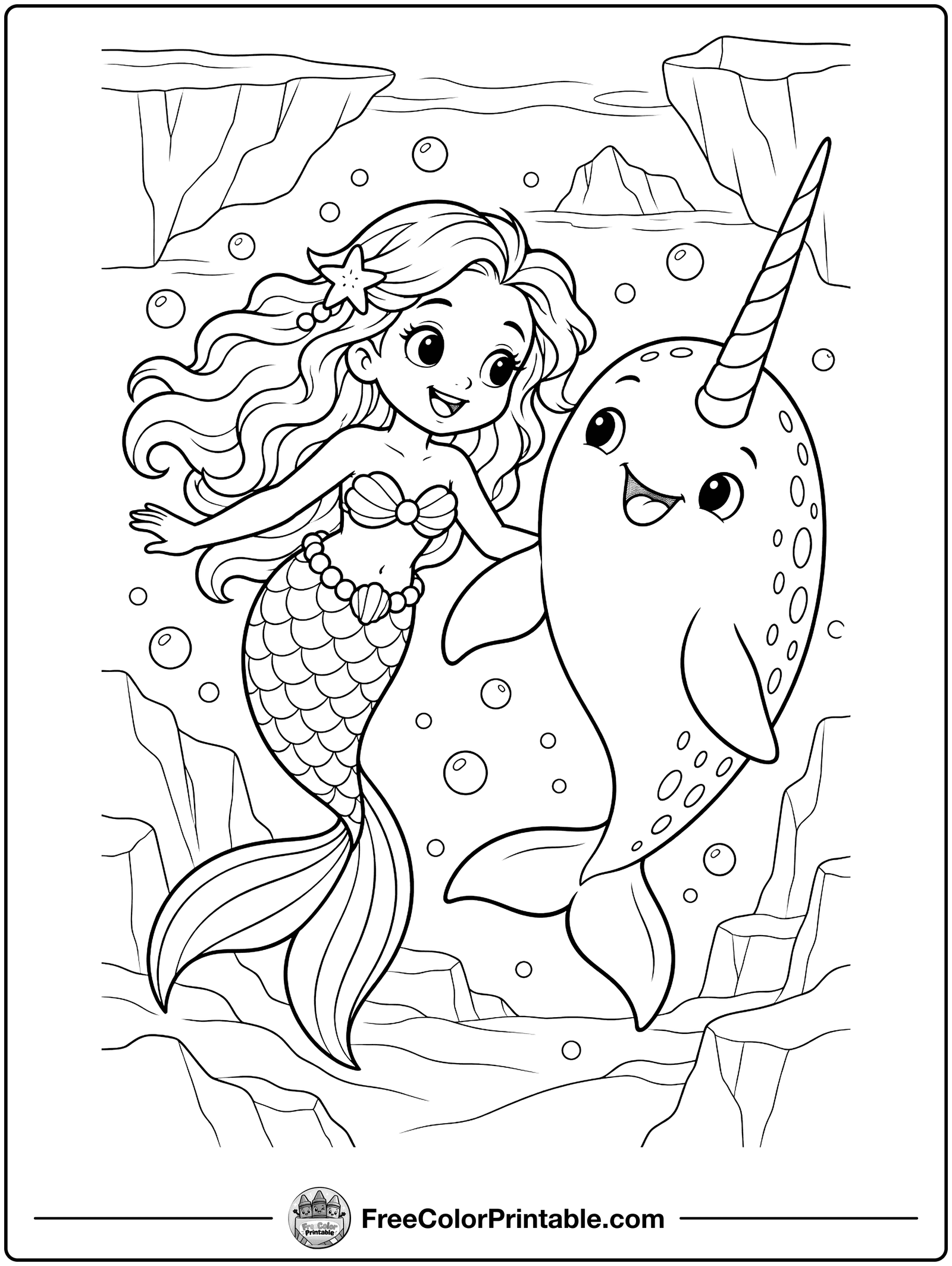 Mermaid and a Narwhal Coloring Page — free color printable