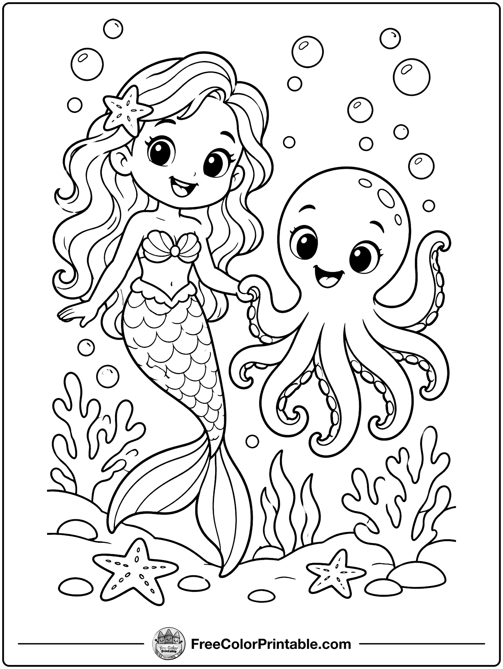Mermaid and Octopus Friends Coloring Page — free color printable