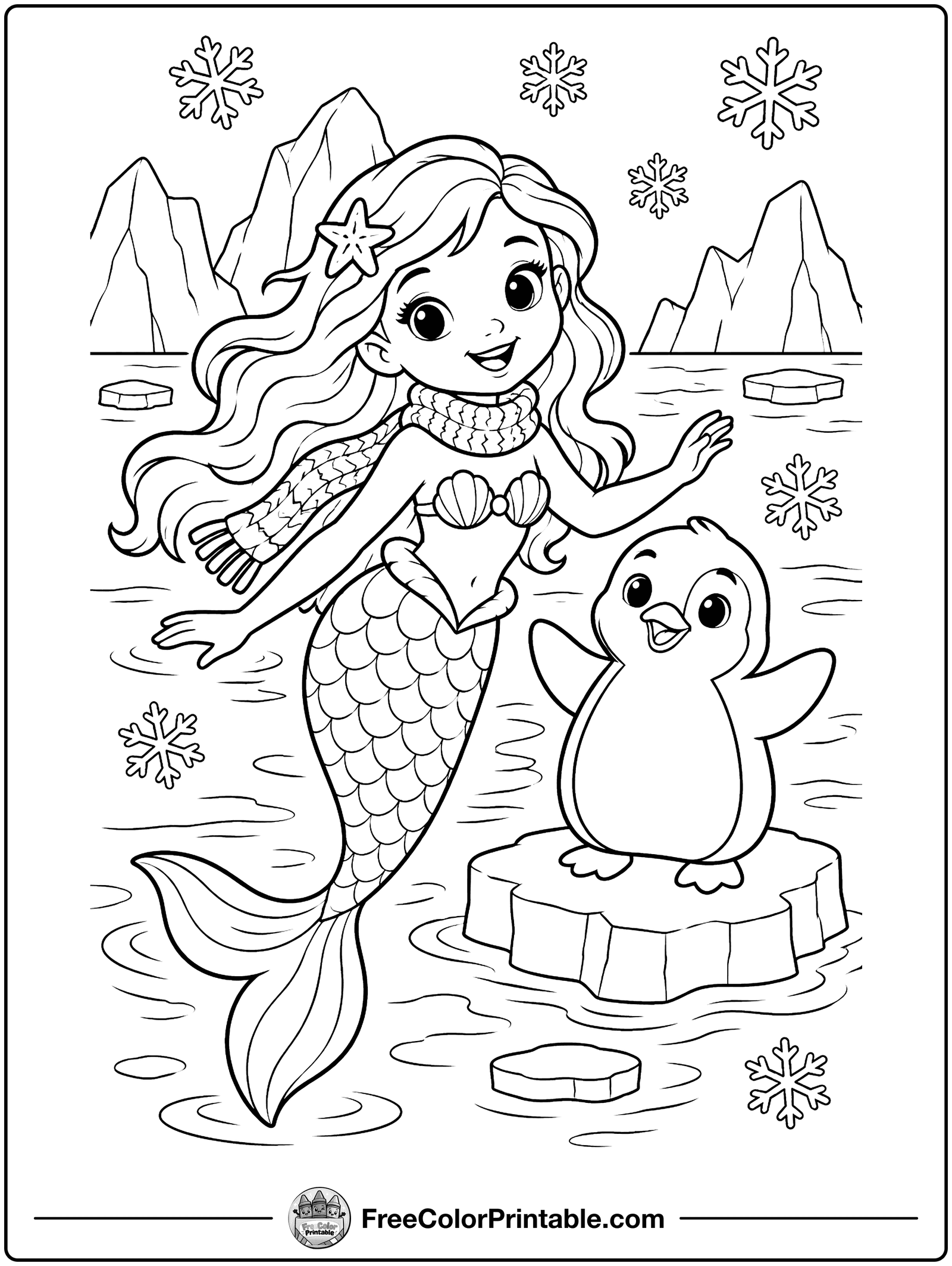 Mermaid and Penguin in Icy Water Coloring Page — free color printable