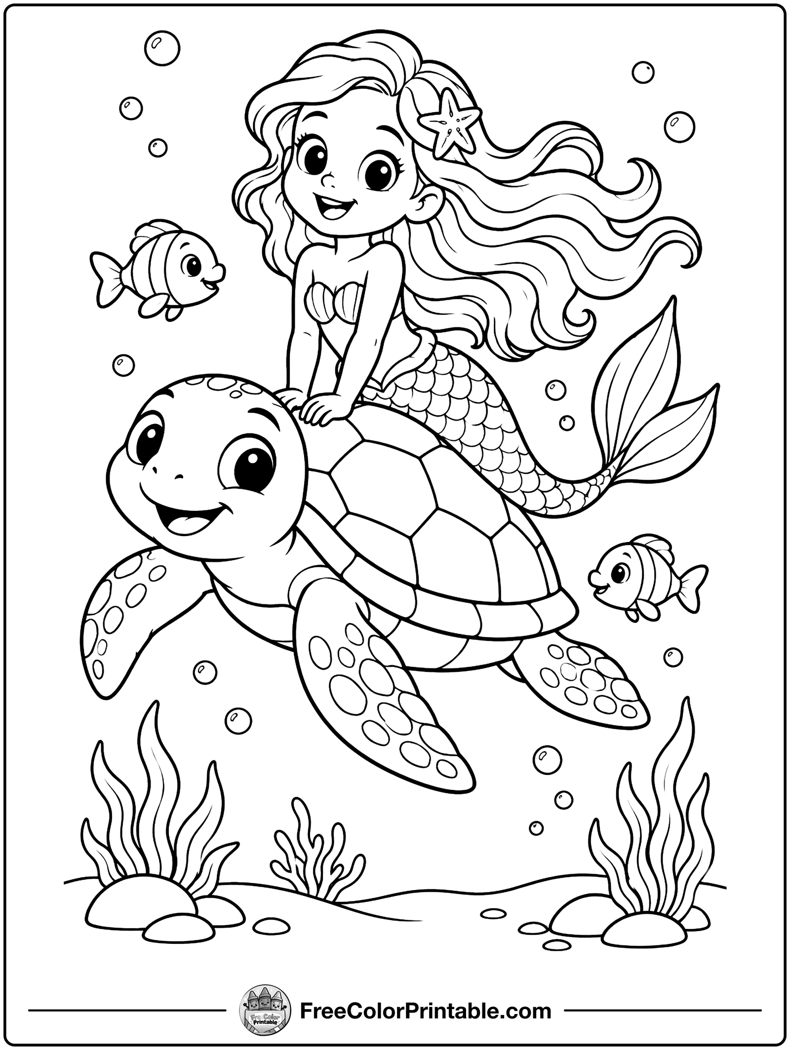 Mermaid and Sea Turtle Coloring Page — free color printable